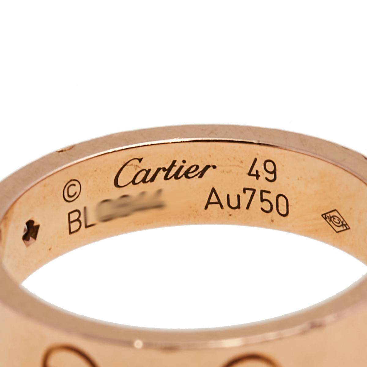 Contemporary Cartier Love Diamond 18k Rose Gold Band Ring Size 49