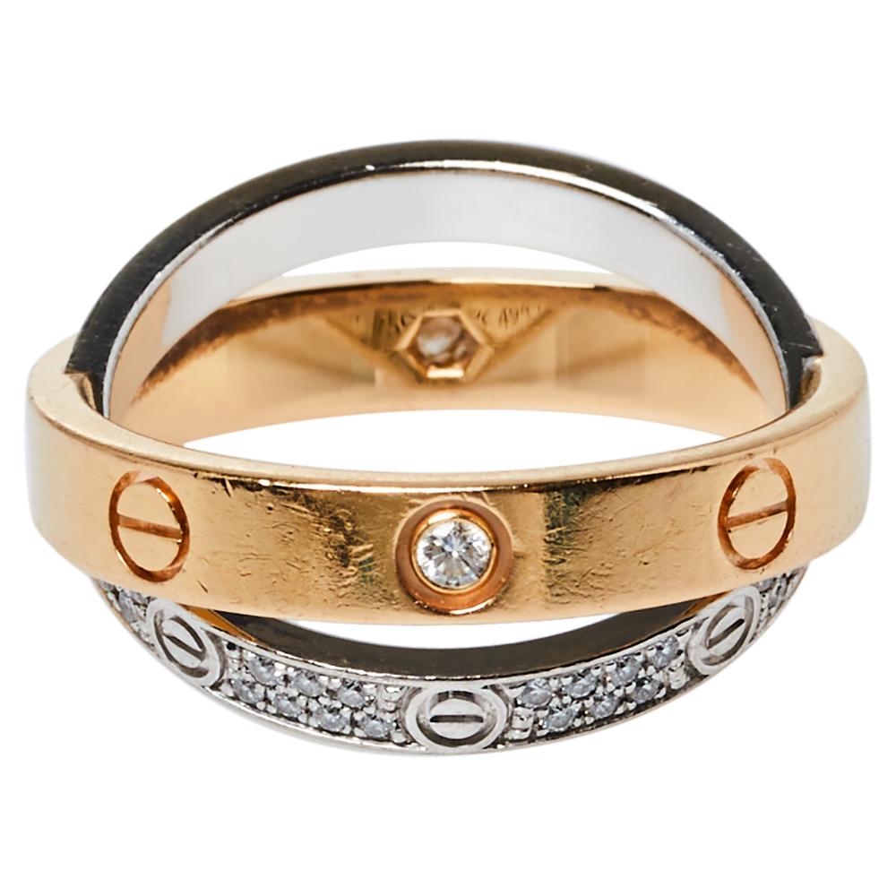 One of the most iconic and loved designs from the house of Cartier, the stunning Love ring is an icon of style and luxury. This is an updated version that arrives in two bands- one in 18k white gold and the other in 18k yellow gold. The rings