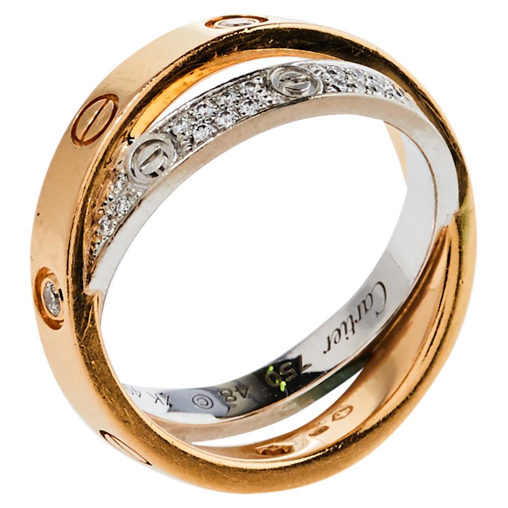 Contemporary Cartier Love Diamond 18K Two Tone Gold Double Band Ring Size 48