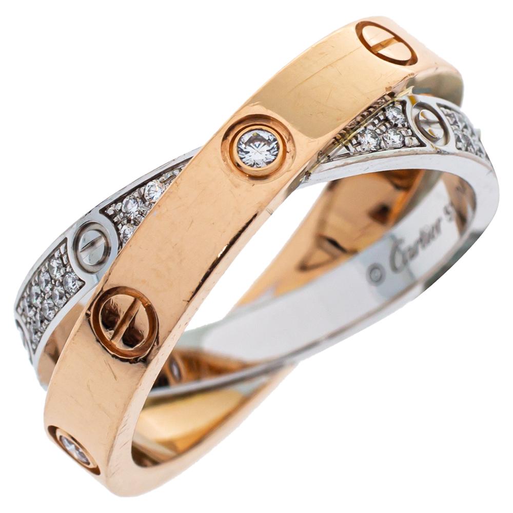 Cartier Love Diamond 18K Two Tone Gold Double Band Ring Size 51 In Fair Condition In Dubai, Al Qouz 2