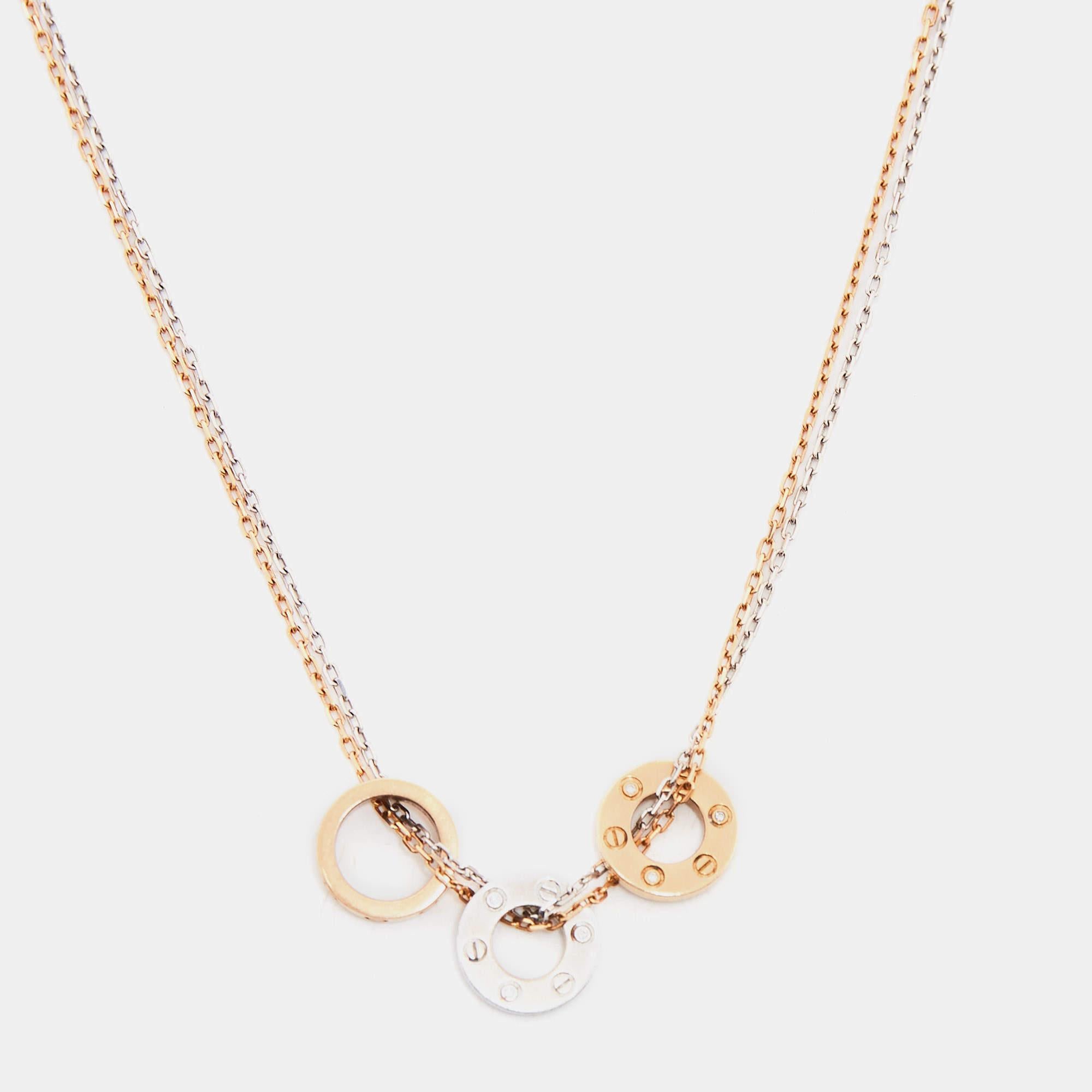 Uncut Cartier Love Diamond 18k Two Tone Gold Double Chain Necklace