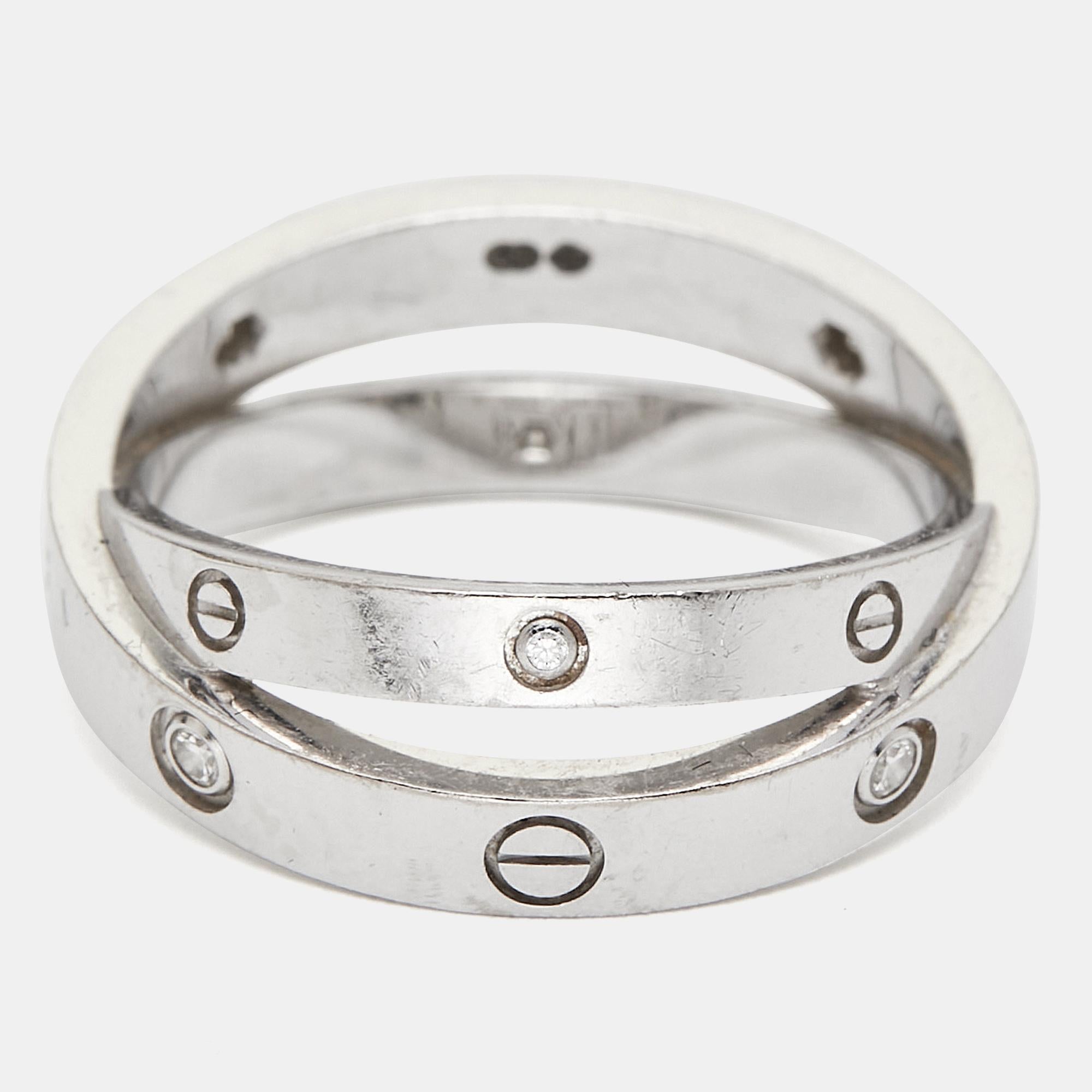 Women's Cartier Love Diamond 18k White Gold Double Ring Size 56