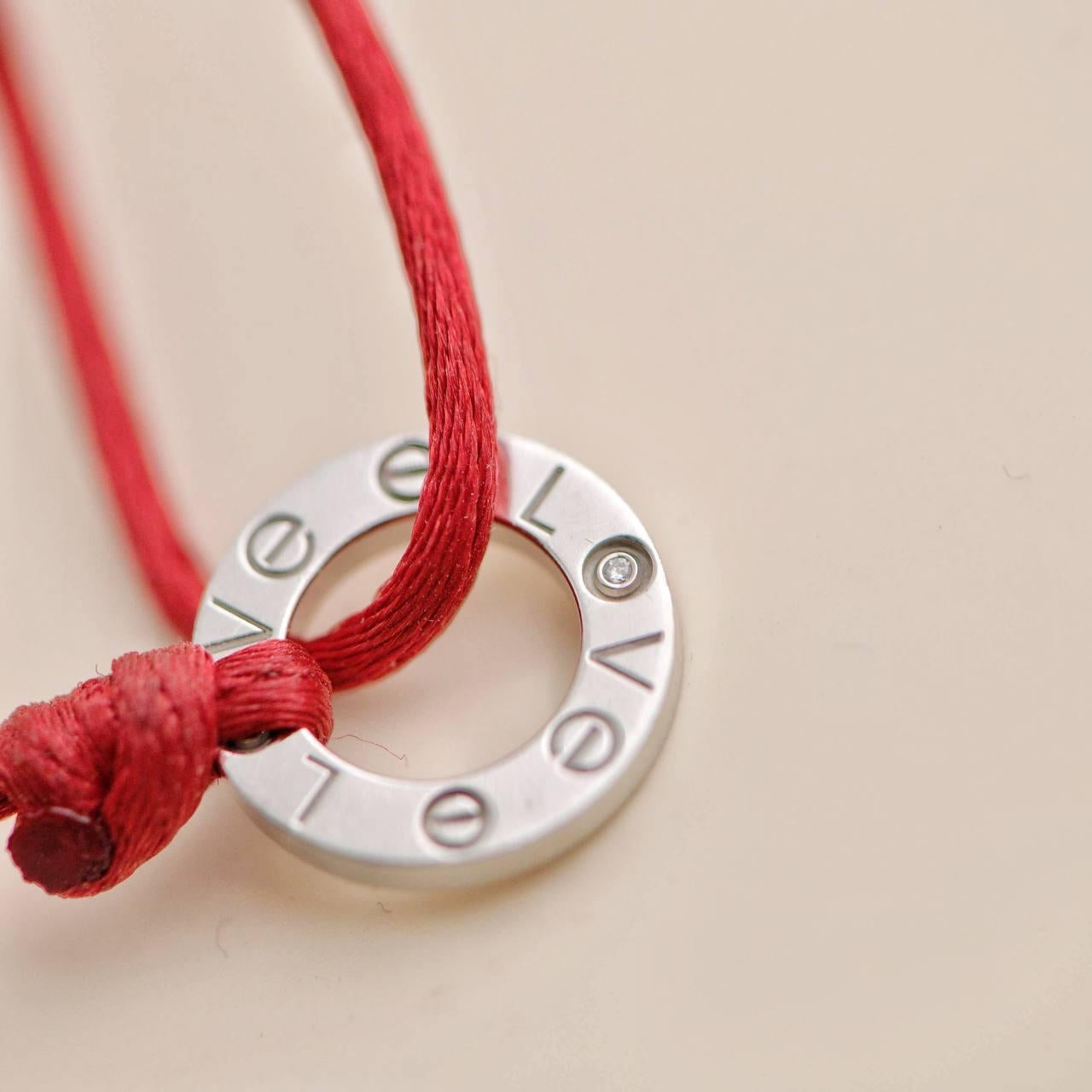 Brilliant Cut Cartier Love Diamond 18k White Gold Red Cord Bracelet