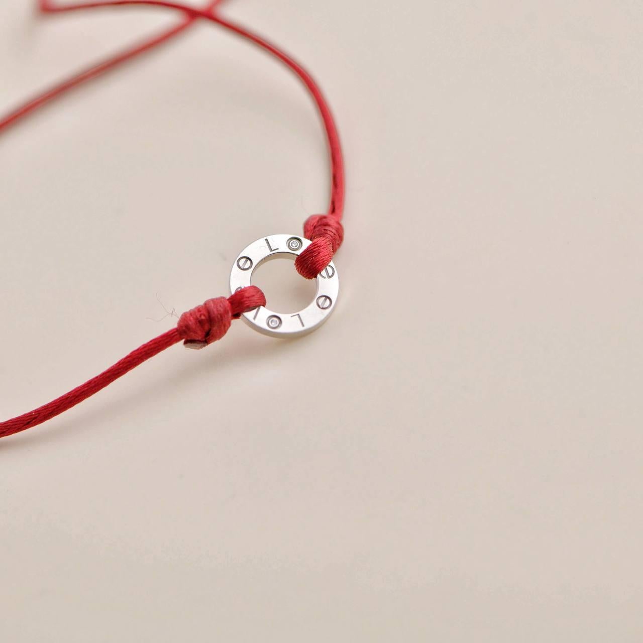 Cartier Love Diamond 18k White Gold Red Cord Bracelet In Excellent Condition In Banbury, GB