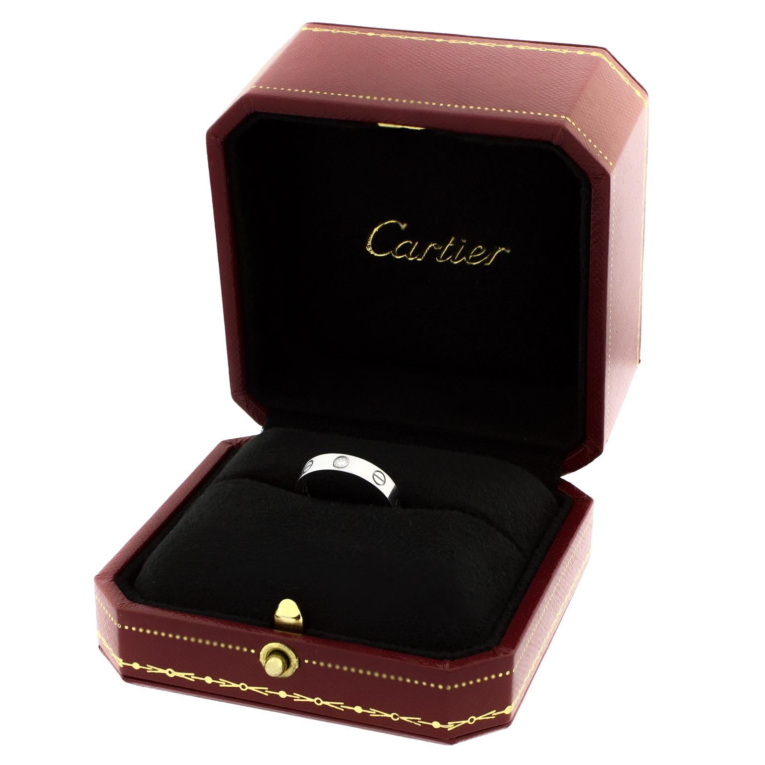 Cartier ring from the Love collection, in white gold and set with a 0.02 carats round brilliant cut diamond.
Ring size 
US 5 1/8
France 50
Swiss 10
