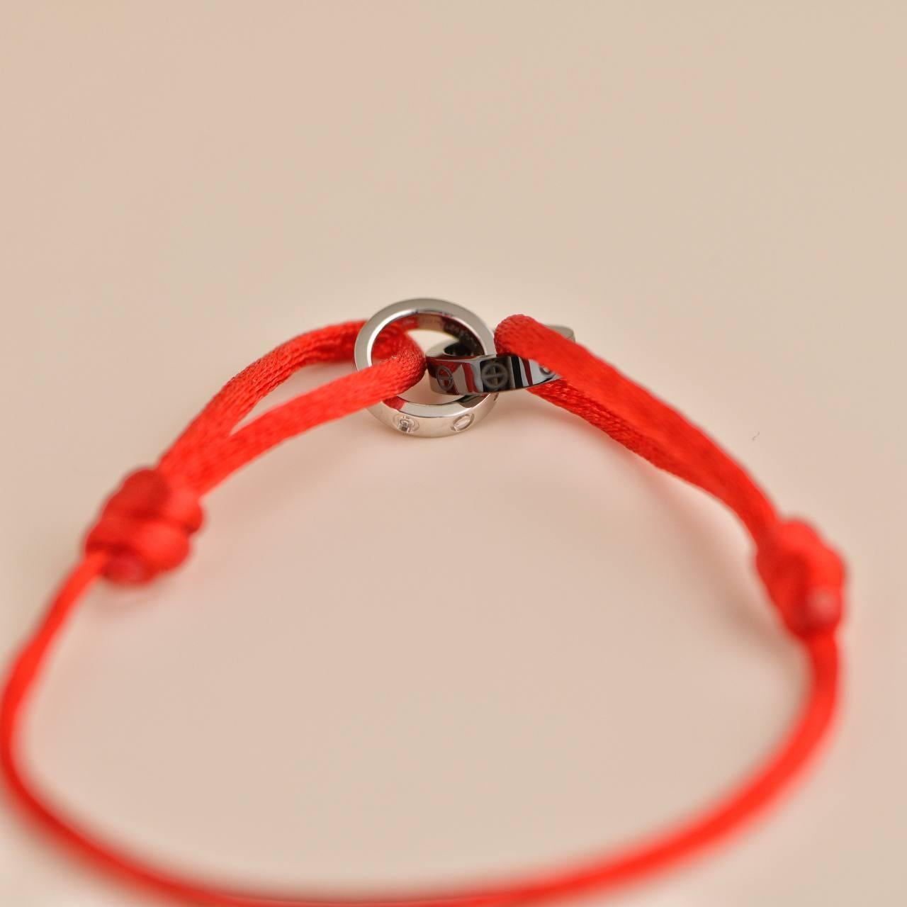 Brilliant Cut Cartier Love Diamond 18k White Gold Sevres Porcelain Red Cord Bracelet
