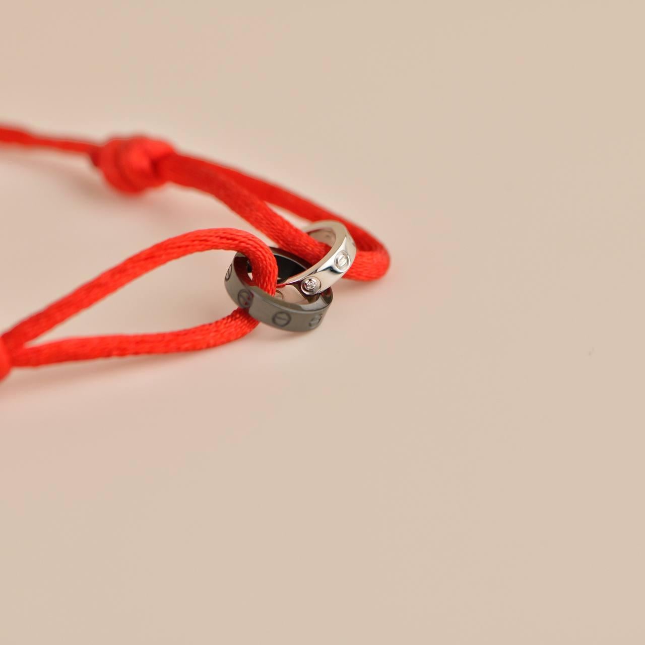 Cartier Love Diamond 18k White Gold Sevres Porcelain Red Cord Bracelet In Excellent Condition In Banbury, GB