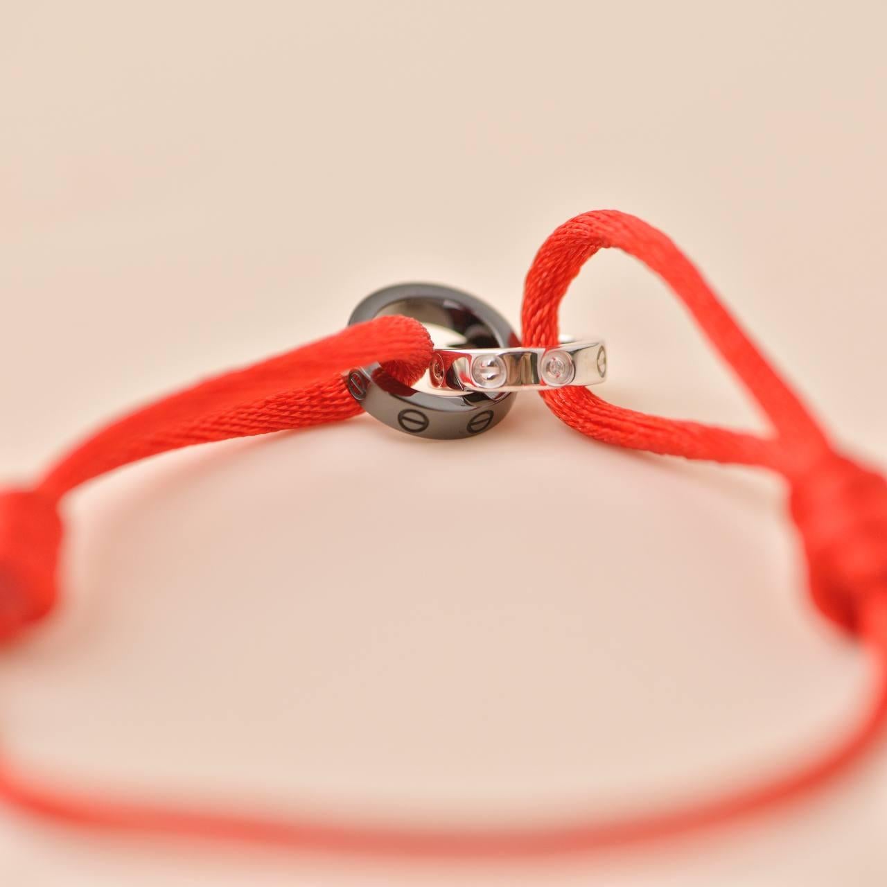 Cartier Love Diamond 18k White Gold Sevres Porcelain Red Cord Bracelet In Excellent Condition In Banbury, GB
