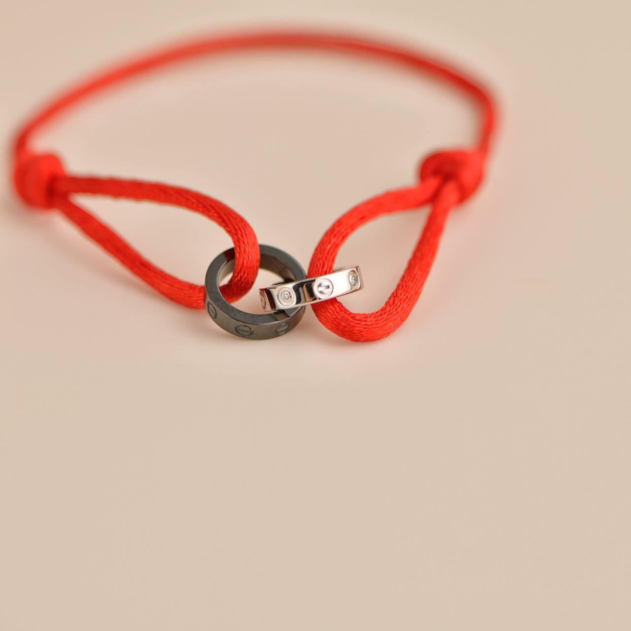 Women's or Men's Cartier Love Diamond 18k White Gold Sevres Porcelain Red Cord Bracelet