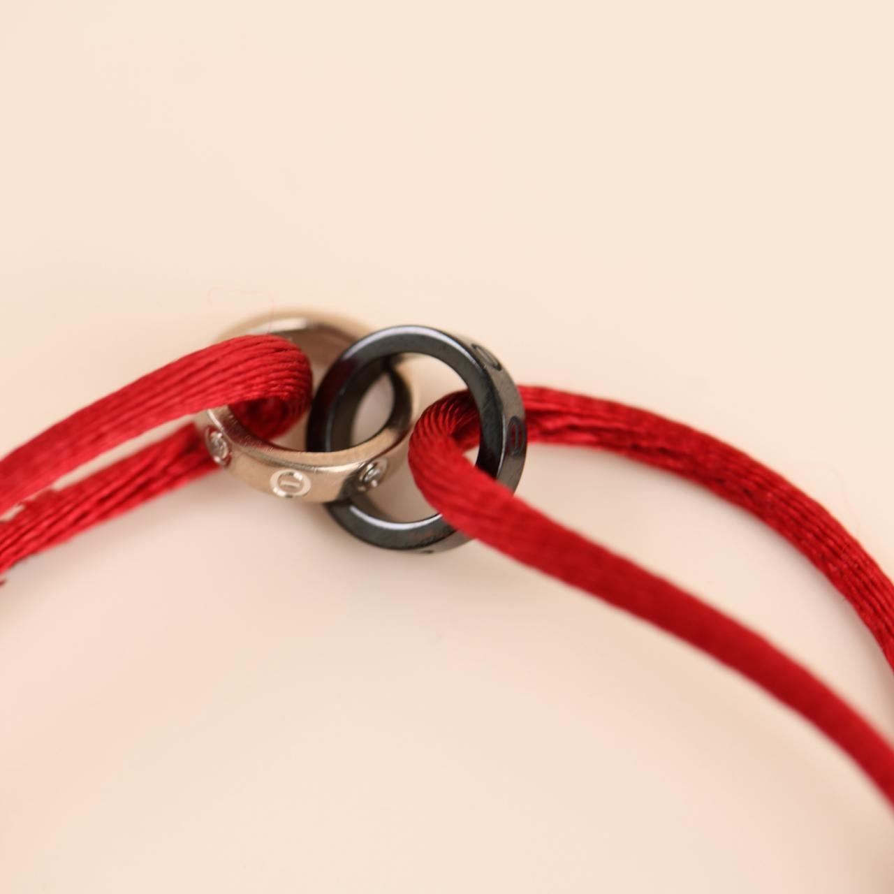Women's or Men's Cartier Love Diamond 18k White Gold Sèvres Porcelain Red Cord Bracelet
