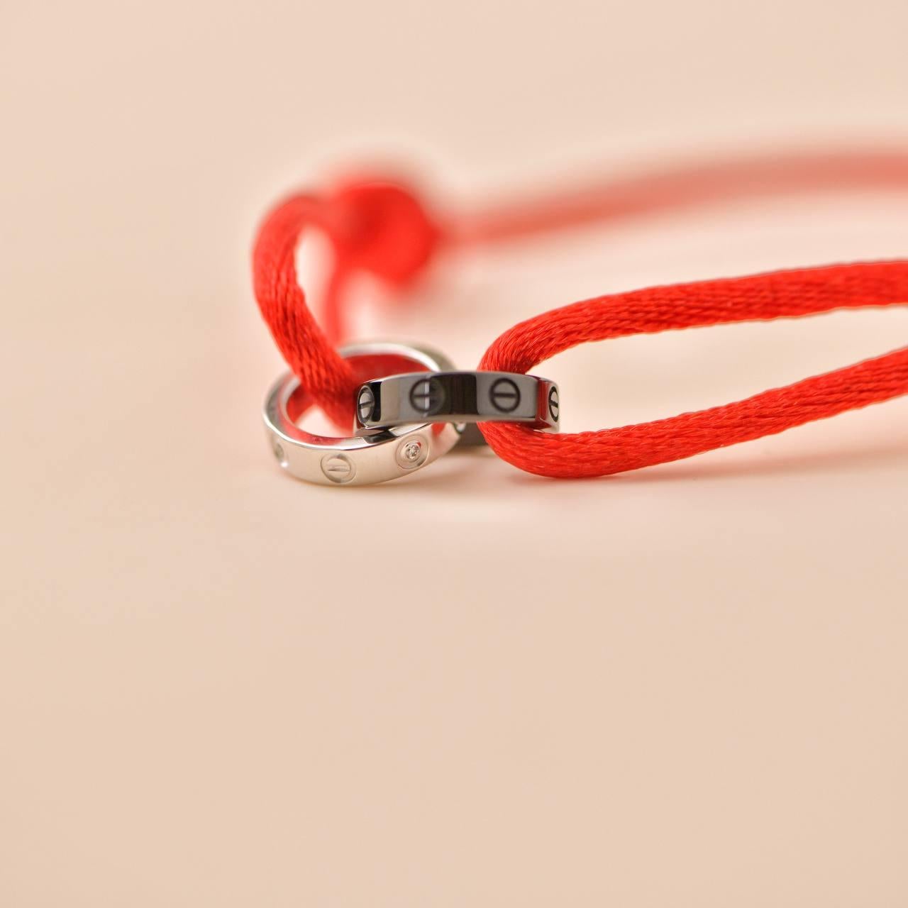 Cartier Love Diamond 18k White Gold Sevres Porcelain Red Cord Bracelet 2