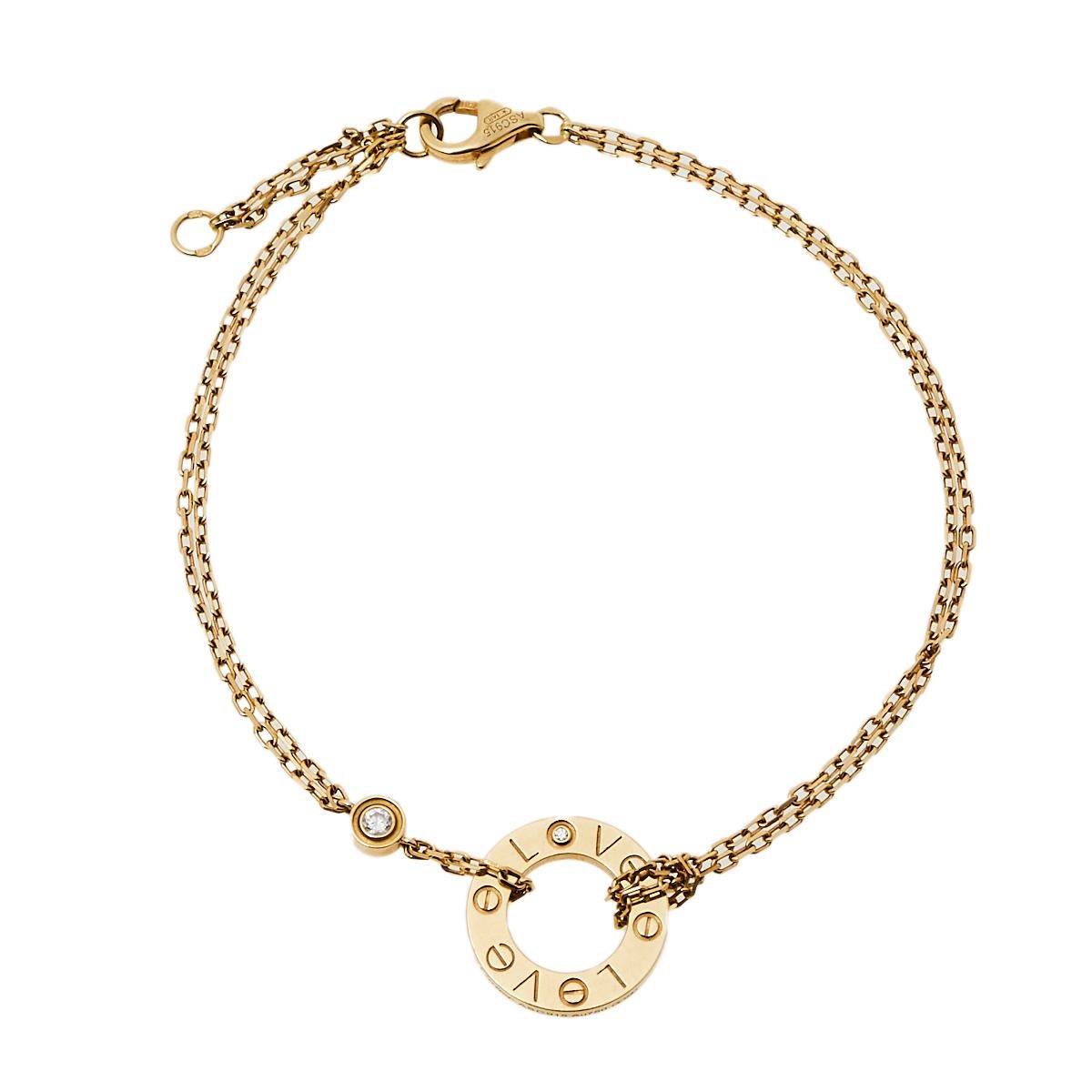We fell in love with this Cartier Love bracelet at first glance. Look at its gorgeous yet subtle accents and picture how it will beautifully sit on your wrist and charm your peers. The creation is crafted from 18K yellow gold featuring double chains
