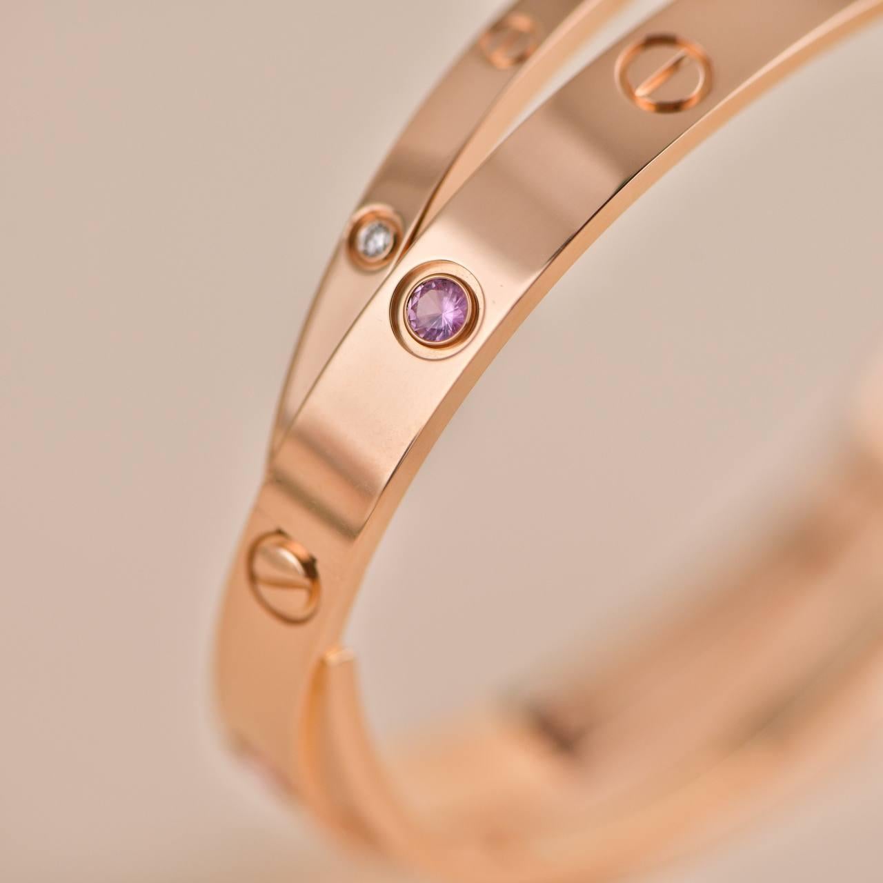 Brilliant Cut Cartier Love Diamond and Pink Sapphire Rose Gold Bracelet Size 17