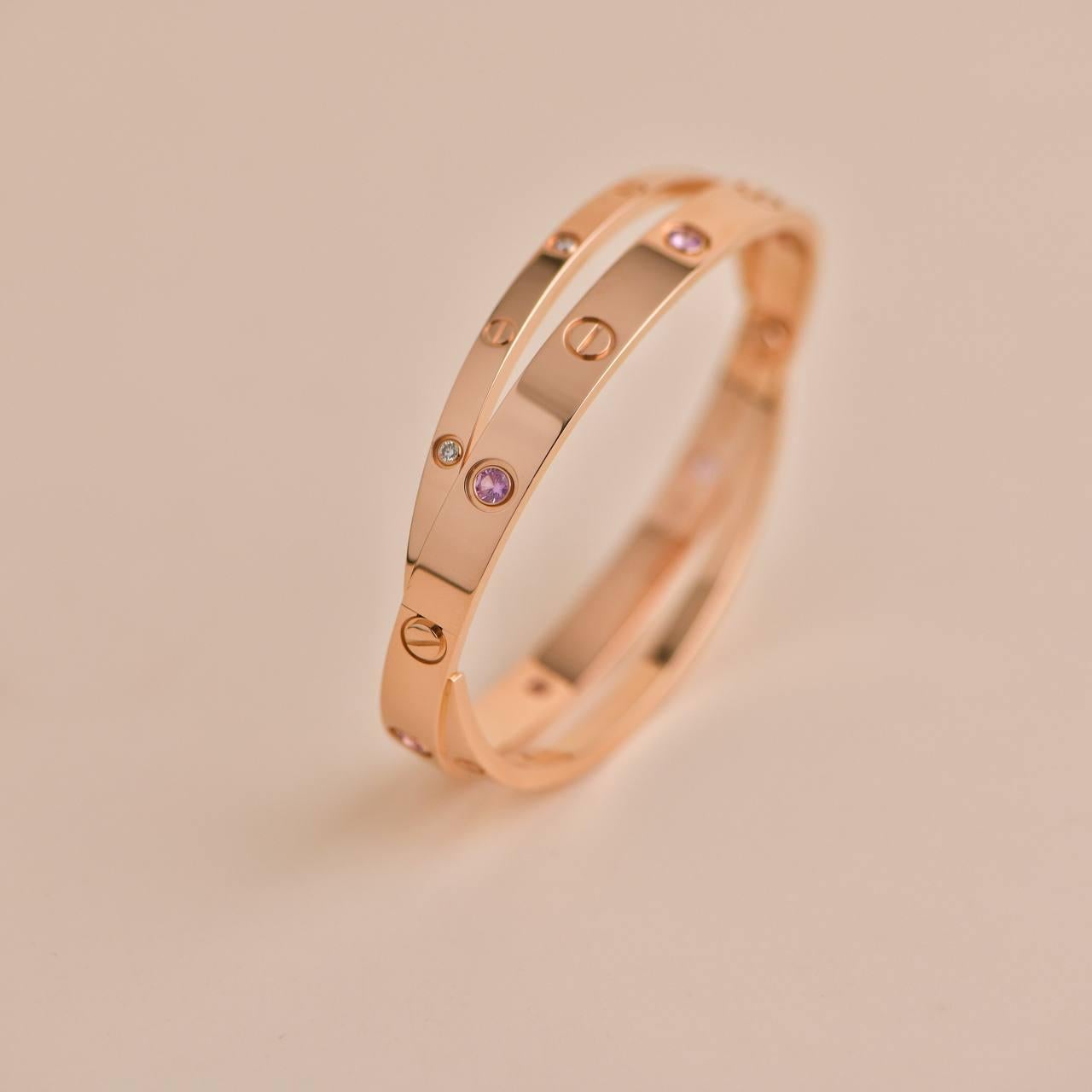 Cartier Love Diamond and Pink Sapphire Rose Gold Bracelet Size 17 In Excellent Condition In Banbury, GB