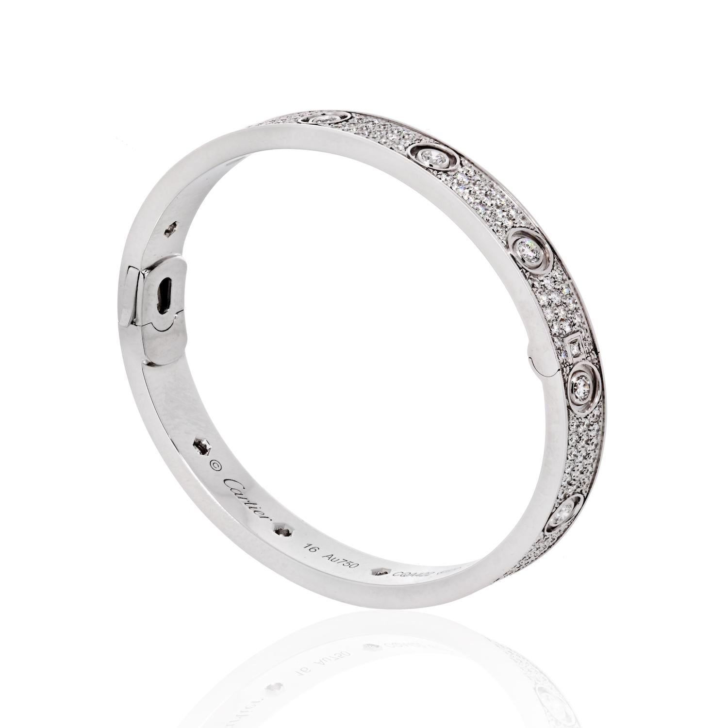 Love bracelet, 18K white gold, set with 216 brilliant-cut diamonds totaling 3.15 carats. Width: 6.7 mm.
Size 16.

A child of 1970s New York, the LOVE collection remains today an iconic symbol of love that transgresses convention. The screw motifs,