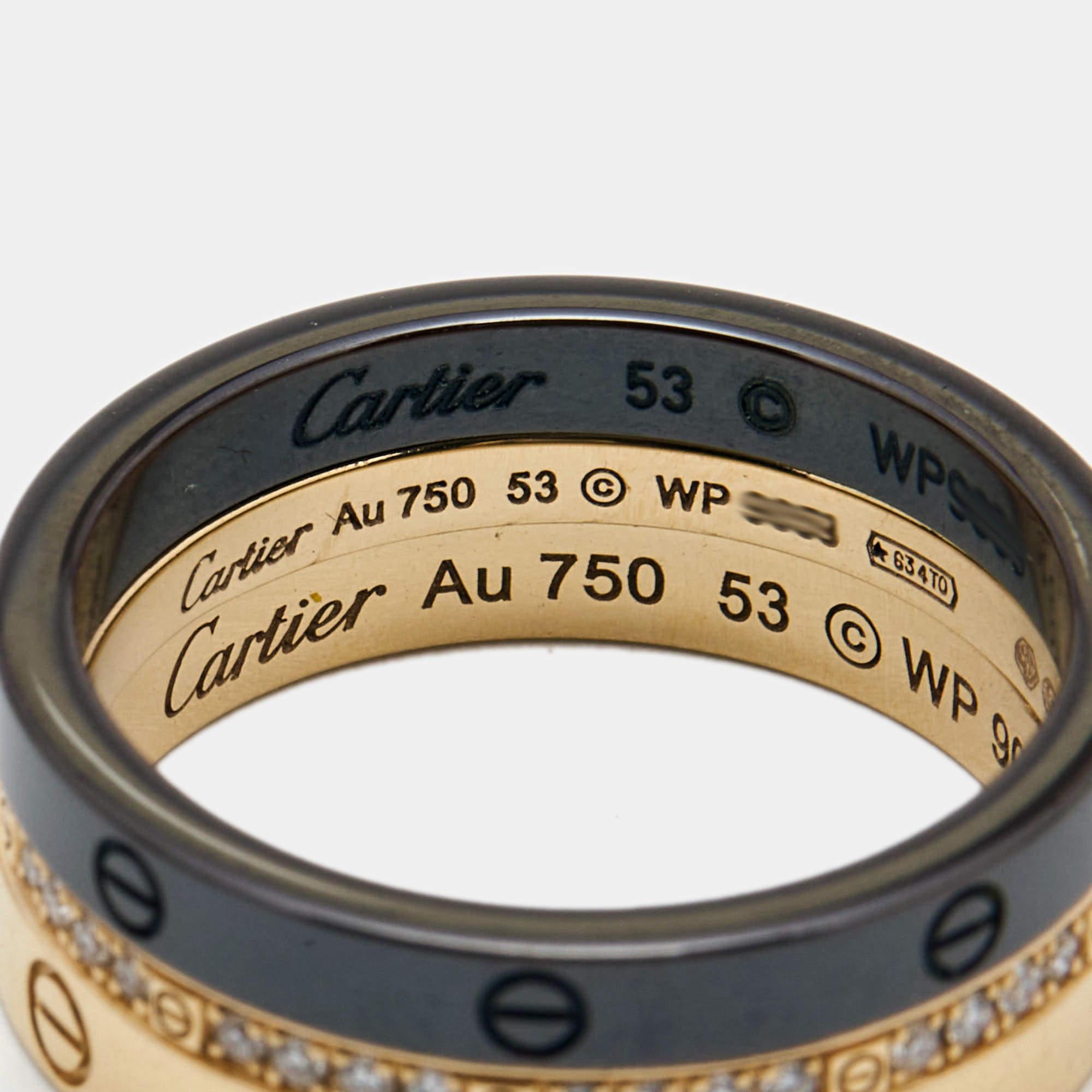 A glamorous version of the much-coveted Cartier Love ring, this piece comes in a triple-stack style. It has three rings—one 18k rose gold band with screw motifs, one 18k rose gold band with diamonds, and one ceramic band with screw motifs. They can