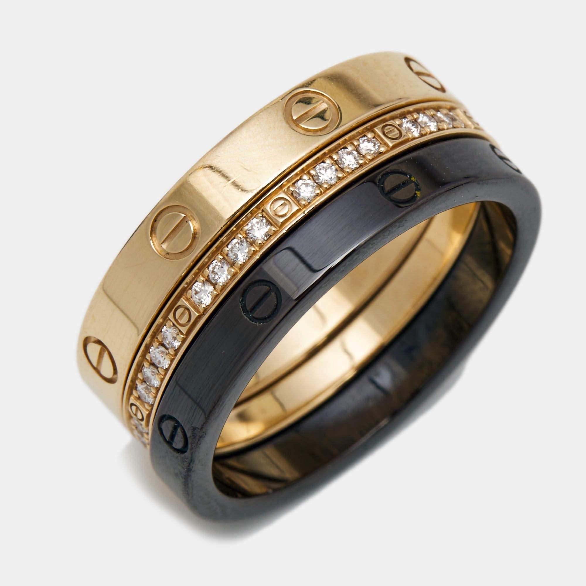 Cartier Love Diamond Ceramic 18k Rose Gold 3 Ring Set Size 52 In Good Condition In Dubai, Al Qouz 2