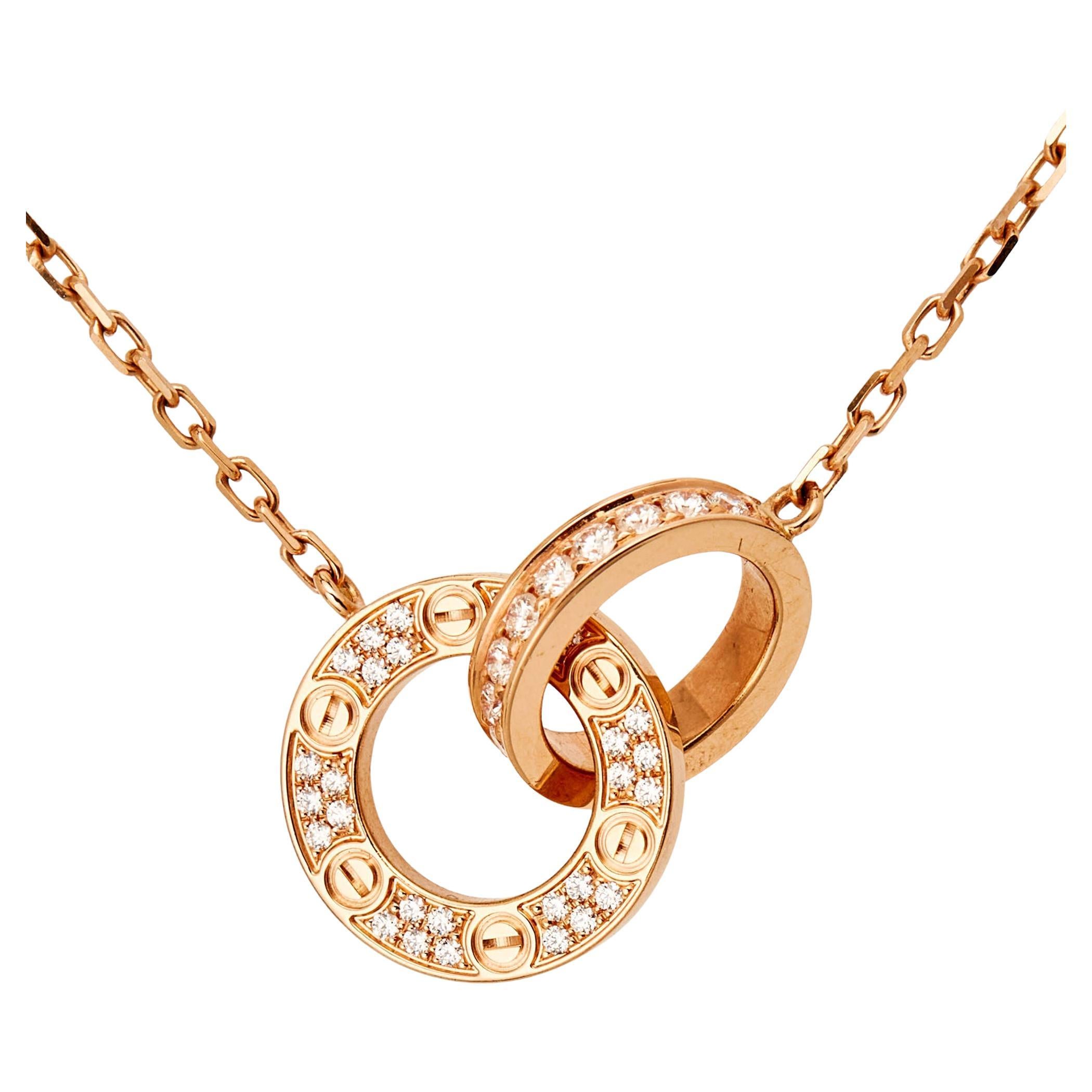 Cartier Love Diamond Interlocking Loops 18k Rose Gold Necklace For Sale