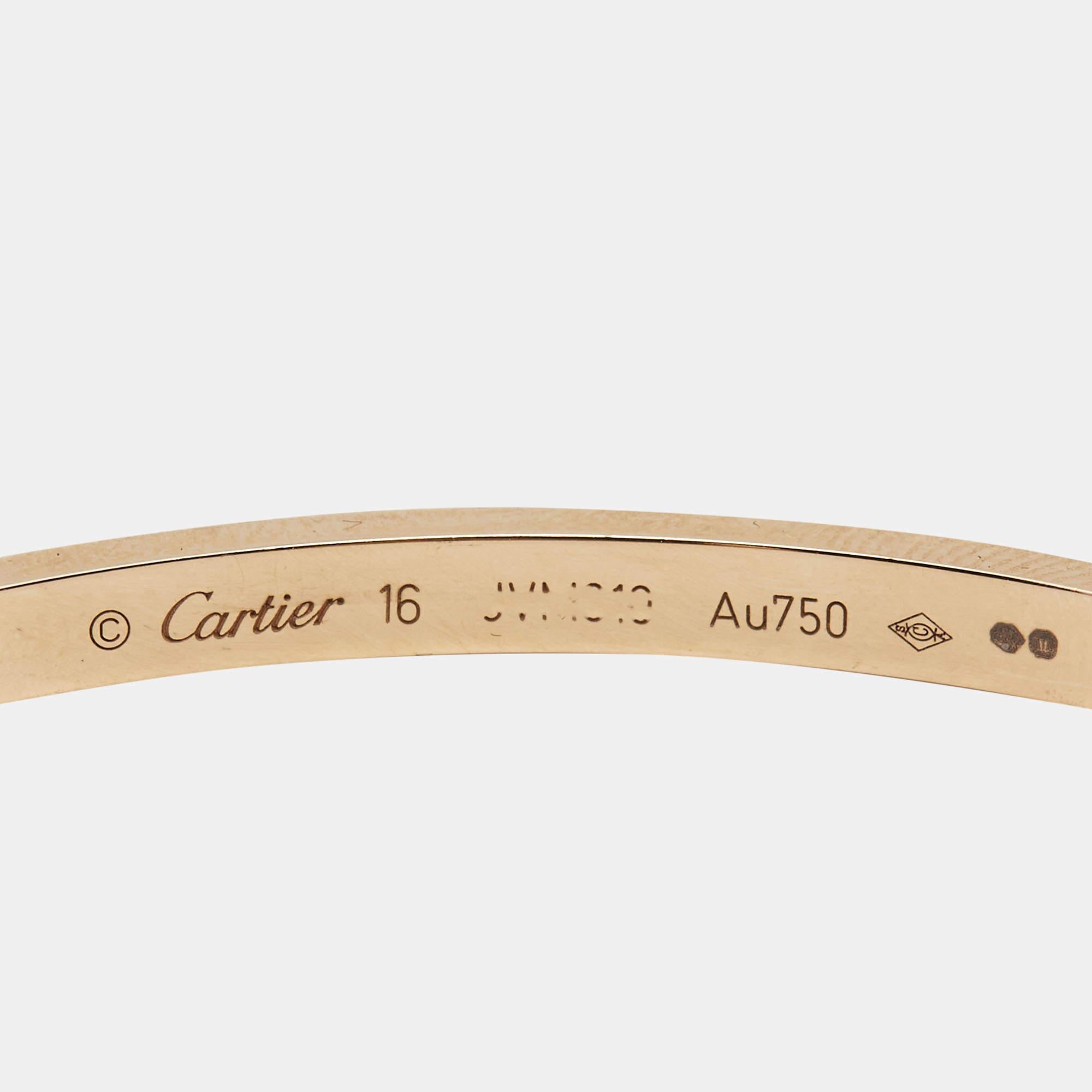 Precious stones are used to transform this Cartier Love bracelet into an exceptional jewel you can wear on special days. Sculpted using 18k rose gold and covered in incredible diamonds, the bracelet is a treat to the eyes. It is also added with the