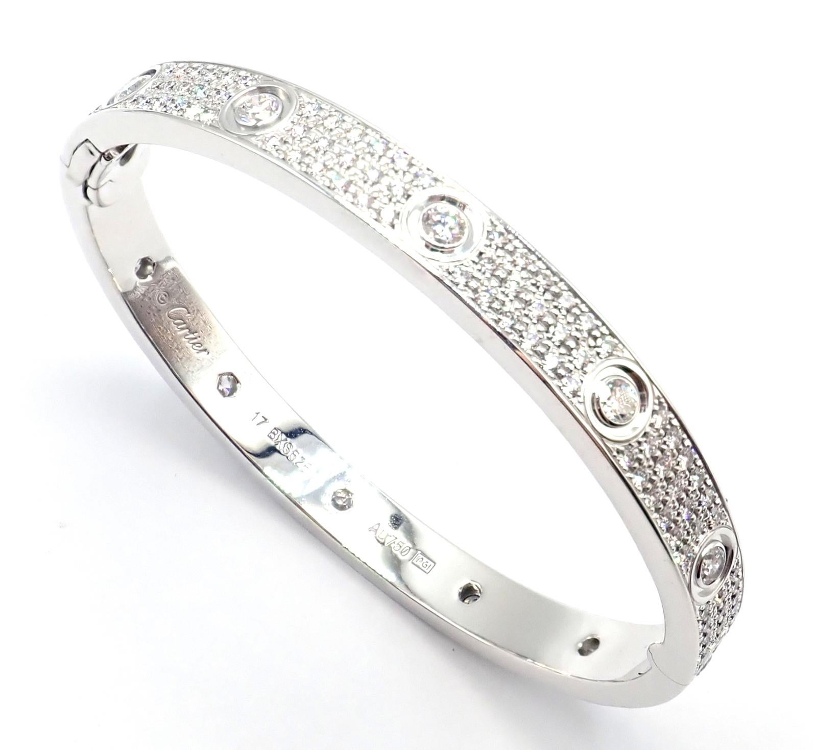 Cartier Love Diamond Pave White Gold Bangle Bracelet Size 17 For Sale 6