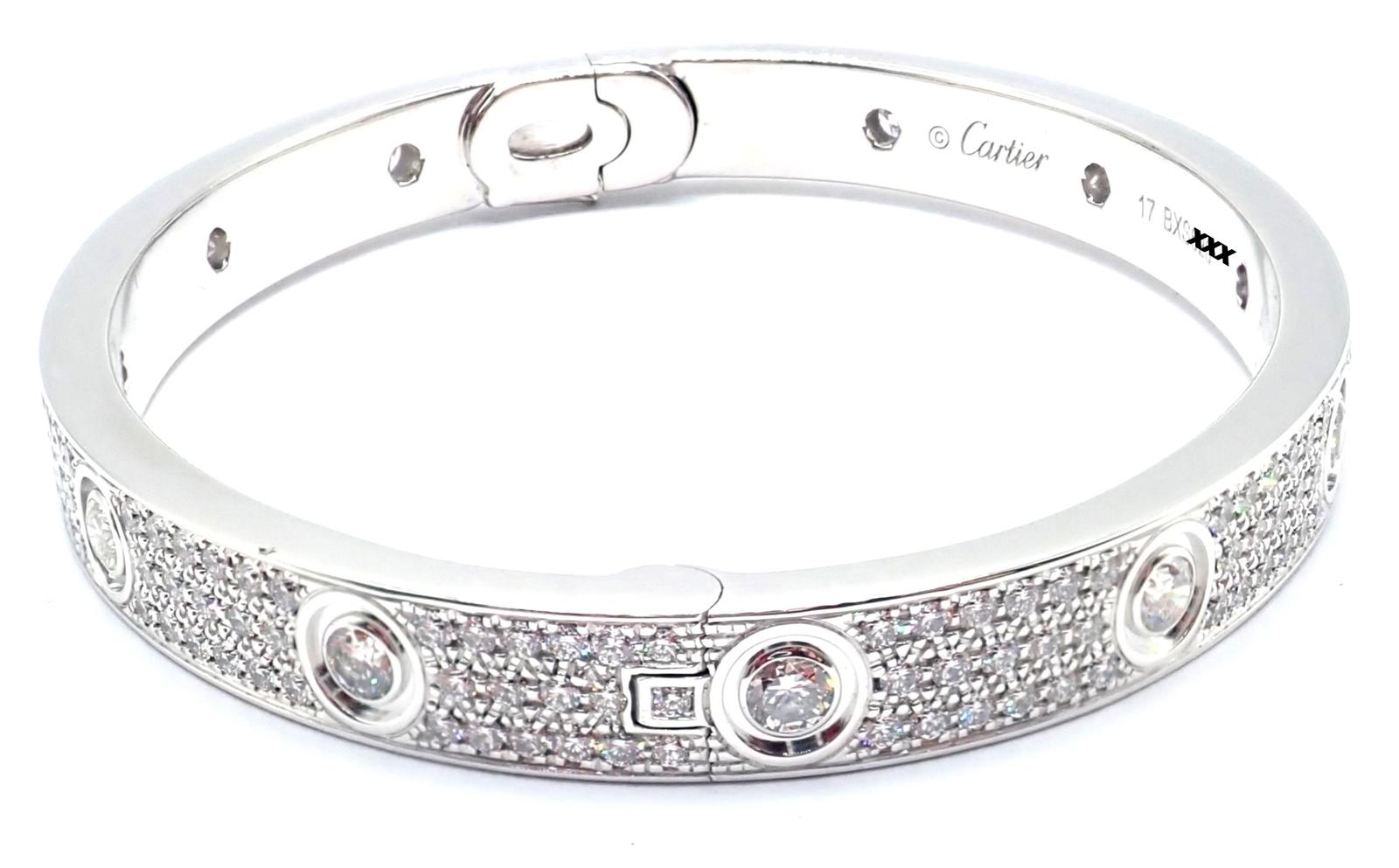 Brilliant Cut Cartier Love Diamond Pave White Gold Bangle Bracelet Size 17 For Sale