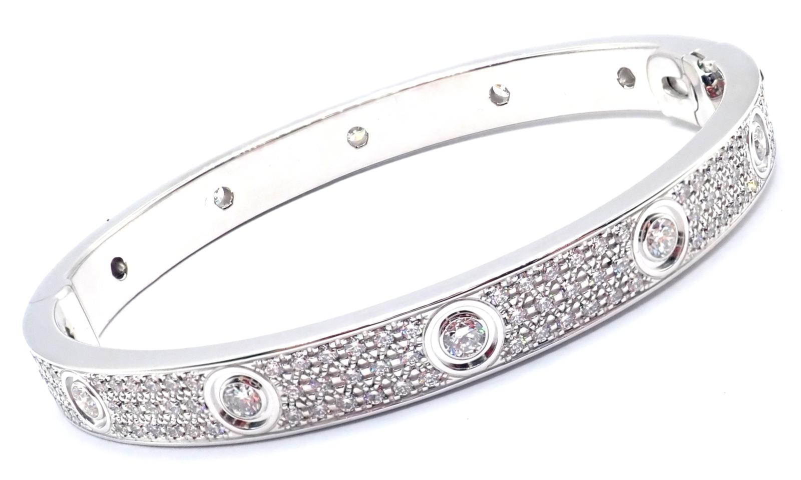 Women's or Men's Cartier Love Diamond Pave White Gold Bangle Bracelet Size 17 For Sale