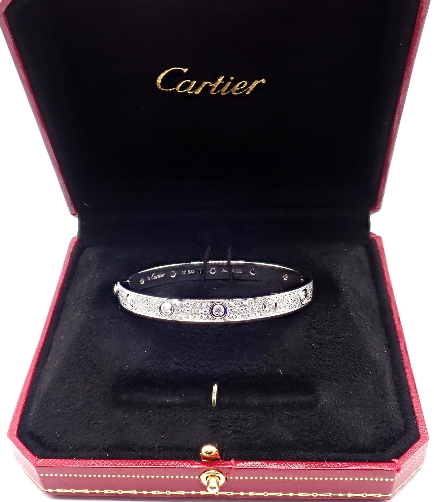 Cartier Love Diamond Pave White Gold Bangle Bracelet Size 17 For Sale 1