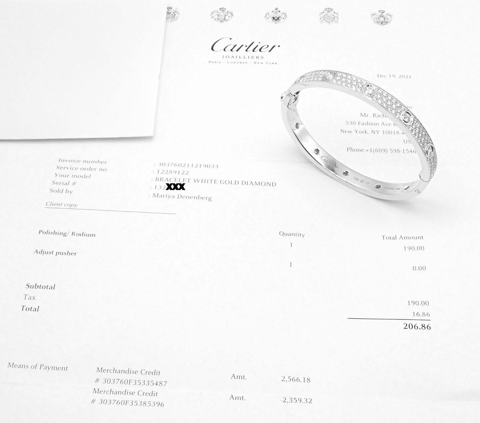 Cartier Love Diamond Pave White Gold Bangle Bracelet Size 17 In Excellent Condition For Sale In Holland, PA