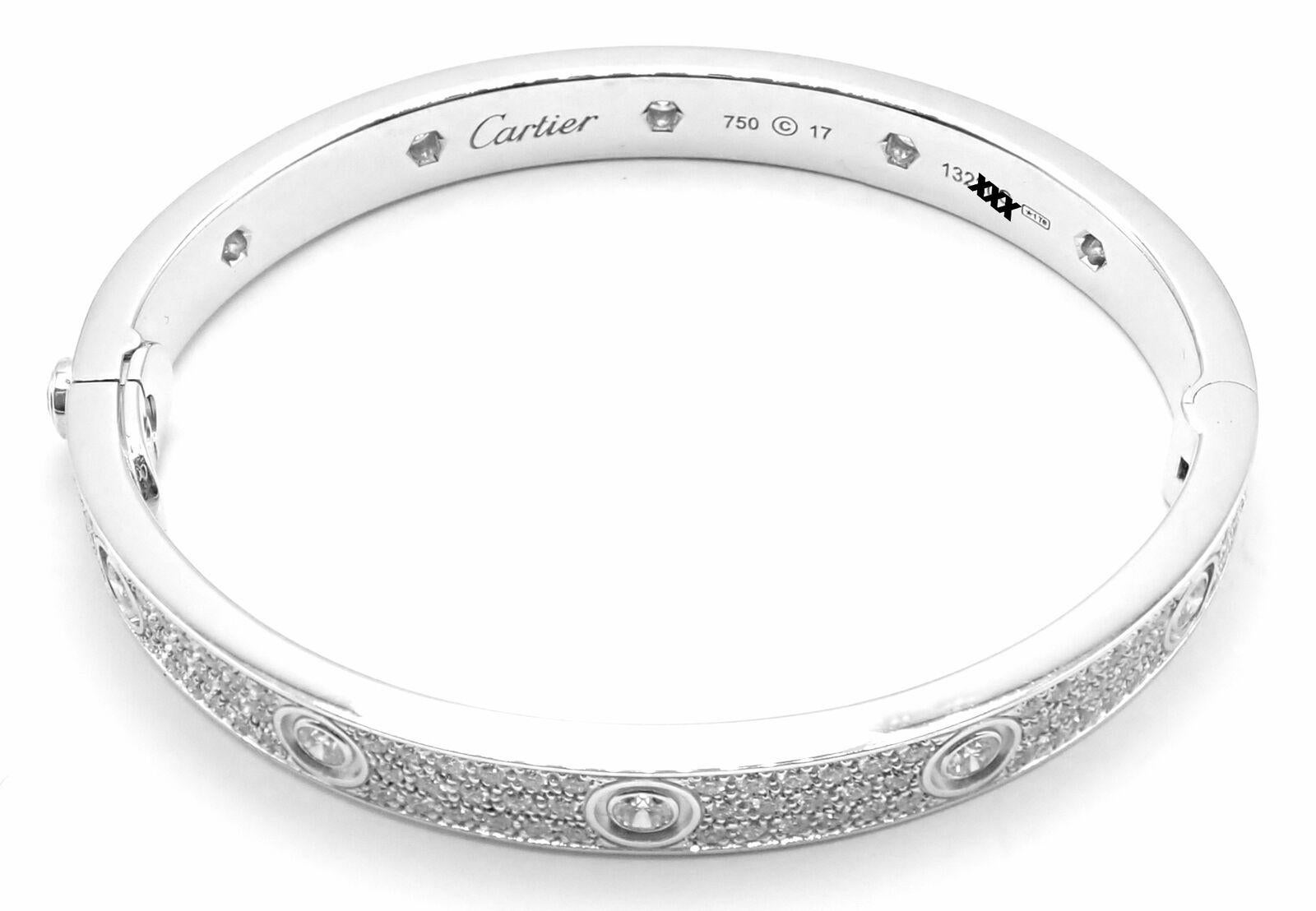Women's or Men's Cartier Love Diamond Pave White Gold Bangle Bracelet Size 17 For Sale