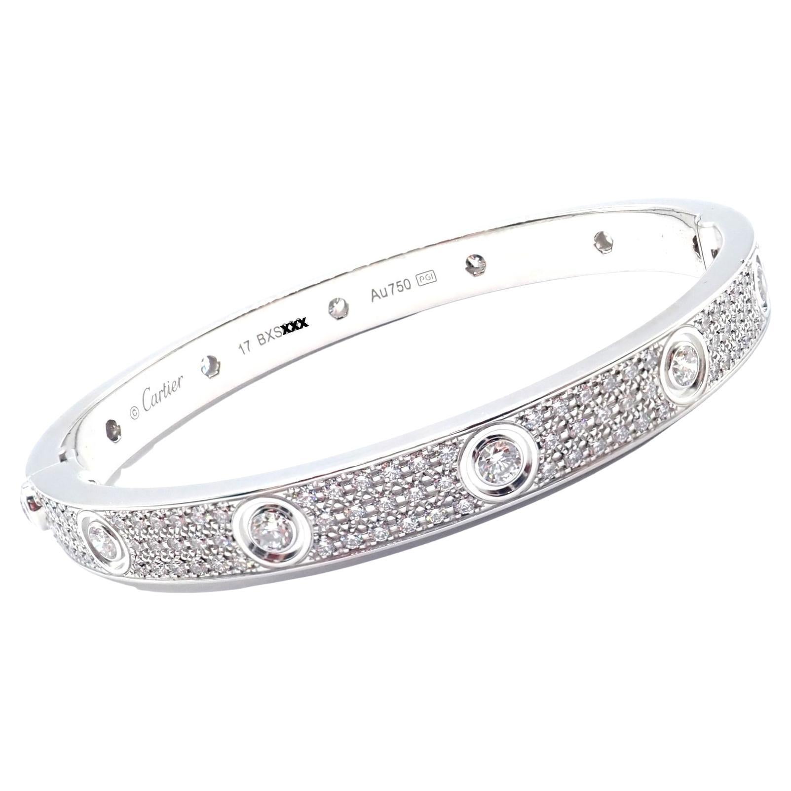 Cartier Love Diamond Pave White Gold Bangle Bracelet Size 17 For Sale