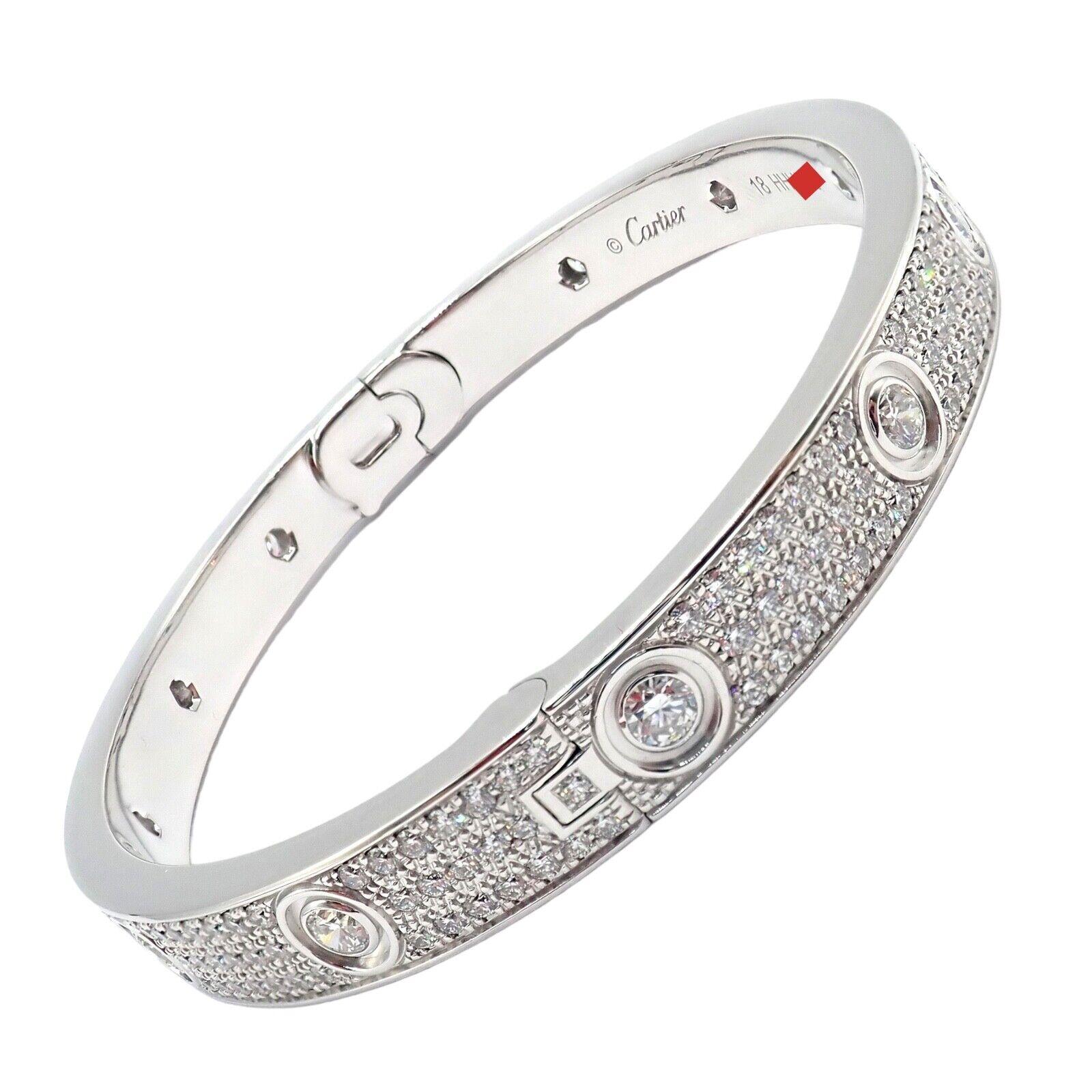 Women's or Men's Cartier Love Diamond Pave White Gold Bangle Bracelet Size 18