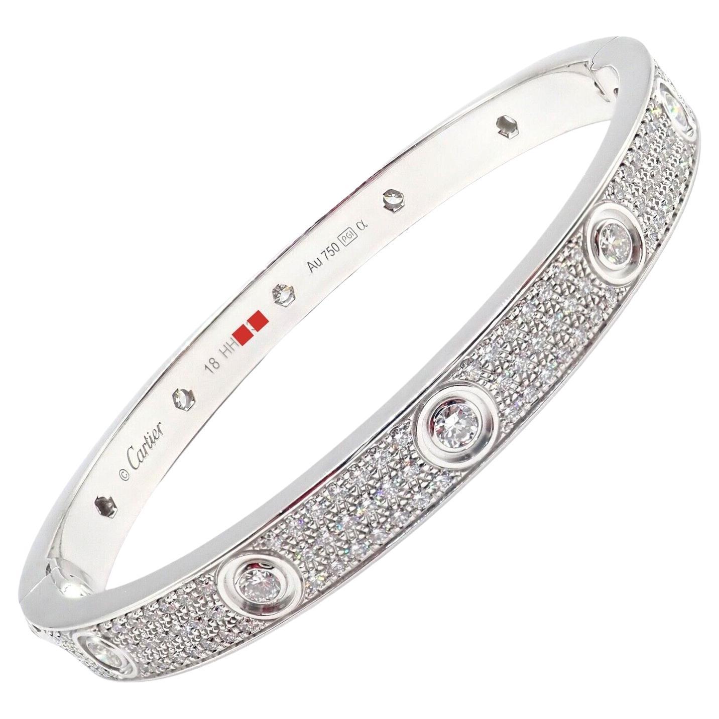 Cartier Love Diamond Pave White Gold Bangle Bracelet Size 18