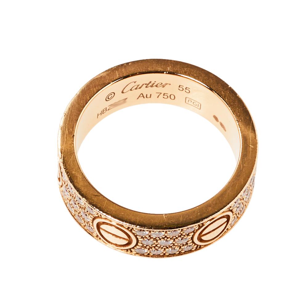 Rose Cut Cartier Love Diamond Paved 18K Rose Gold Ring Size 55