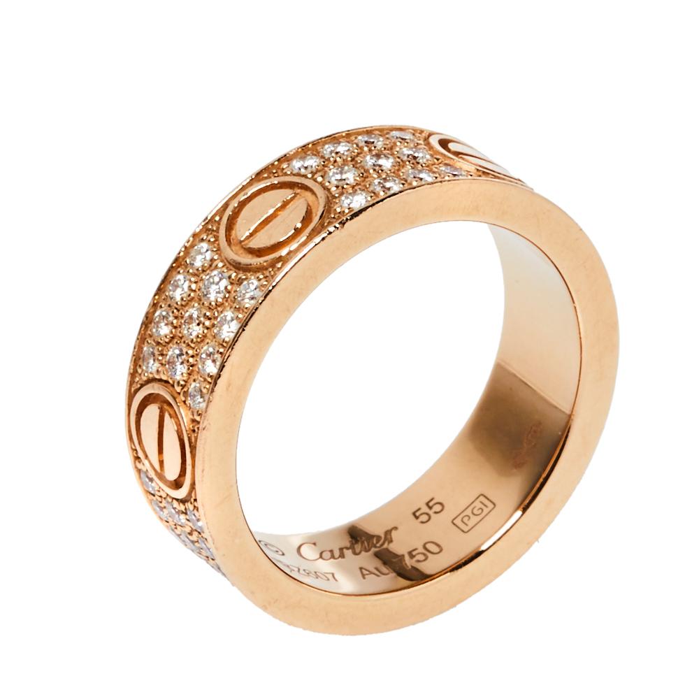 Cartier Love Diamond Paved 18K Rose Gold Ring Size 55 In Good Condition In Dubai, Al Qouz 2