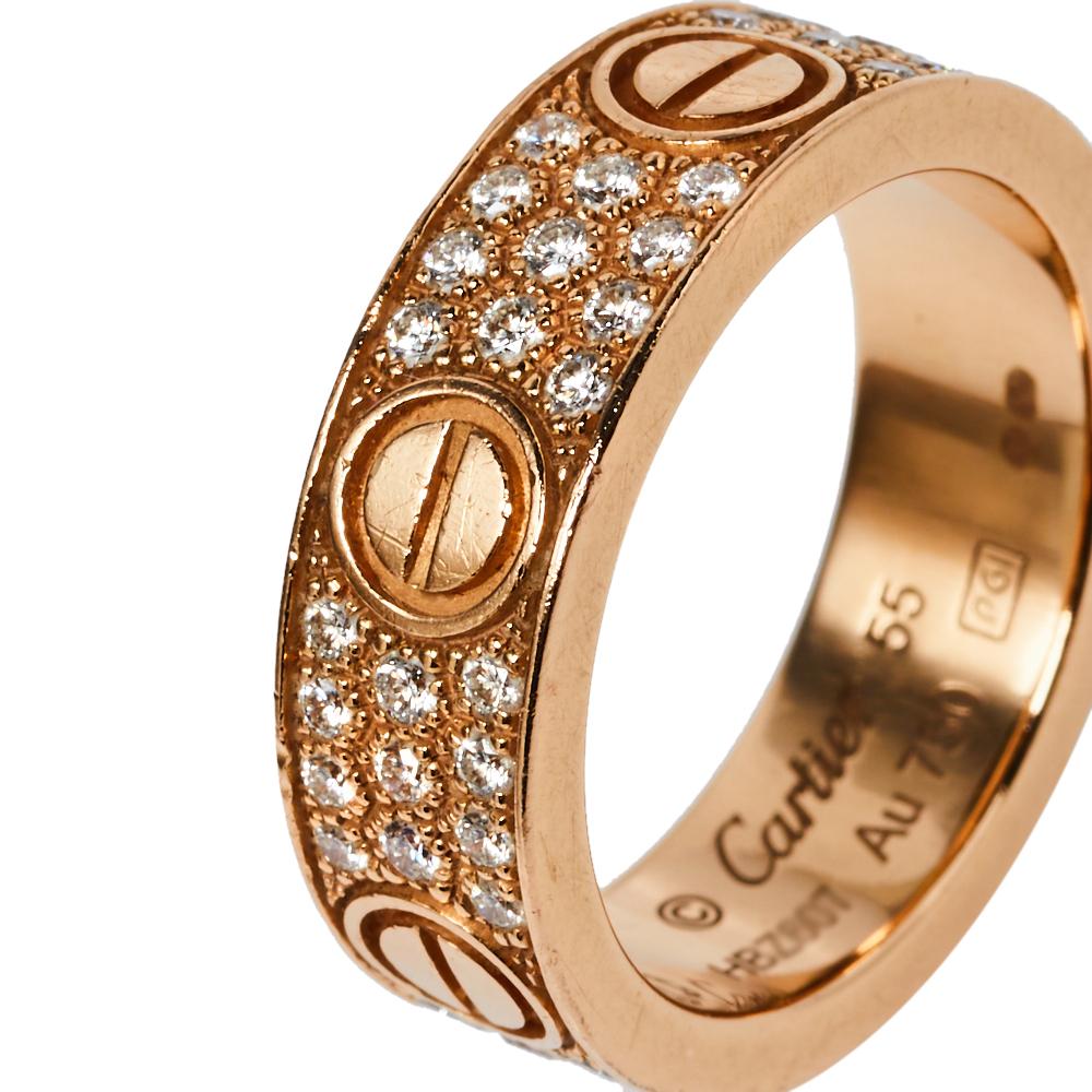 Women's Cartier Love Diamond Paved 18K Rose Gold Ring Size 55
