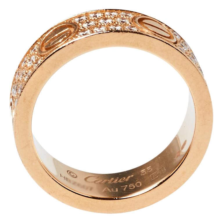 Cartier Love Diamond Paved 18K Rose Gold Ring Size 55