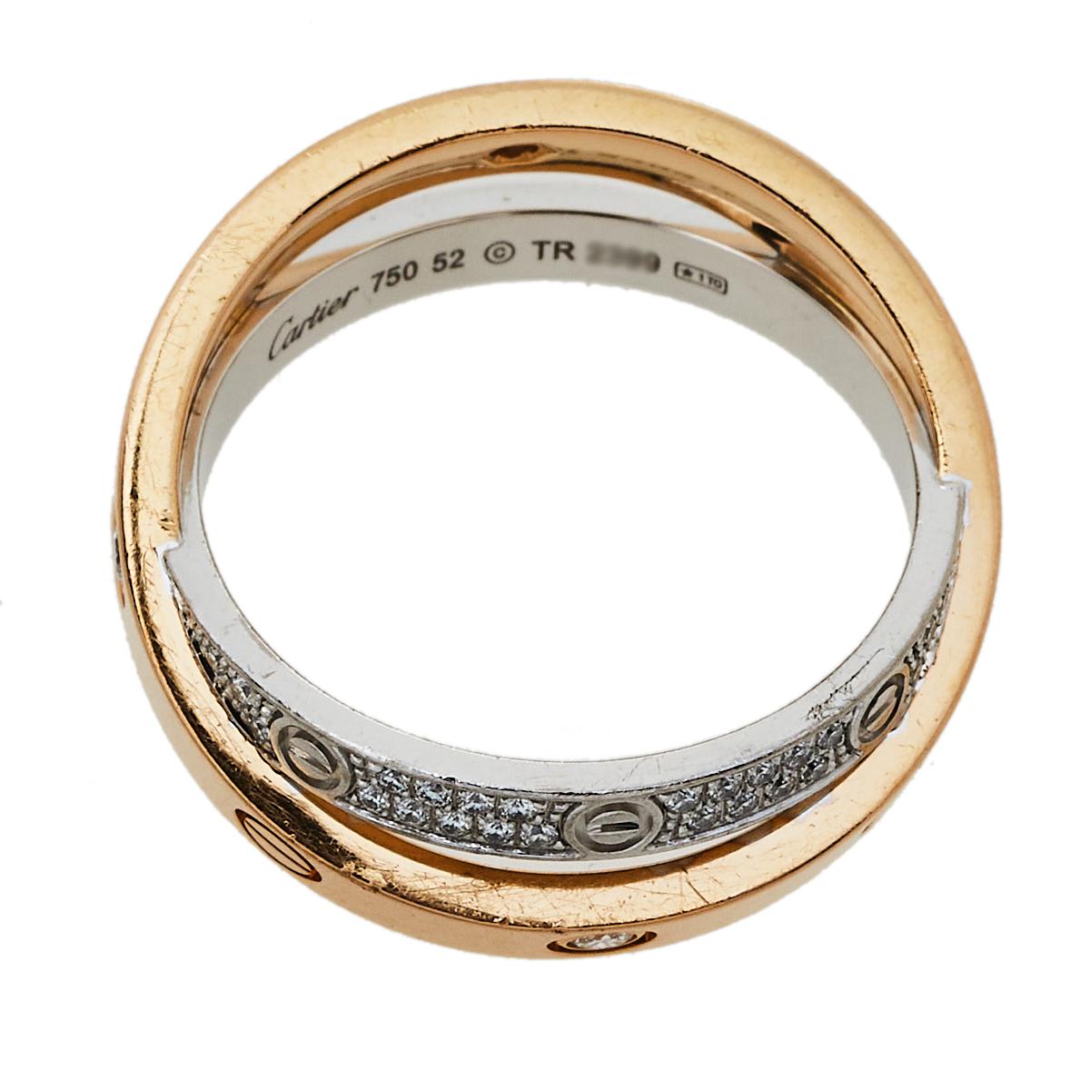 The 'Love' collection from Cartier is a timeless tribute to the feeling of love. Celebrating that everlasting bond of love, this ring comes crafted from 18k yellow gold and white gold and exhibits two conjoined bands that are detailed with the