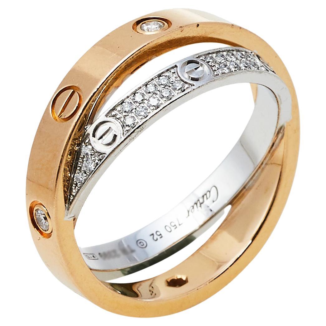 Cartier Love Diamond Paved 18K Two Tone Gold Ring Size 52