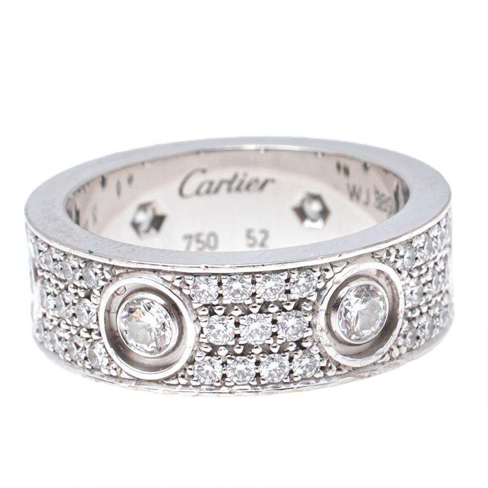 Cartier Love Diamond Paved 18K White Gold Band Ring Size 52