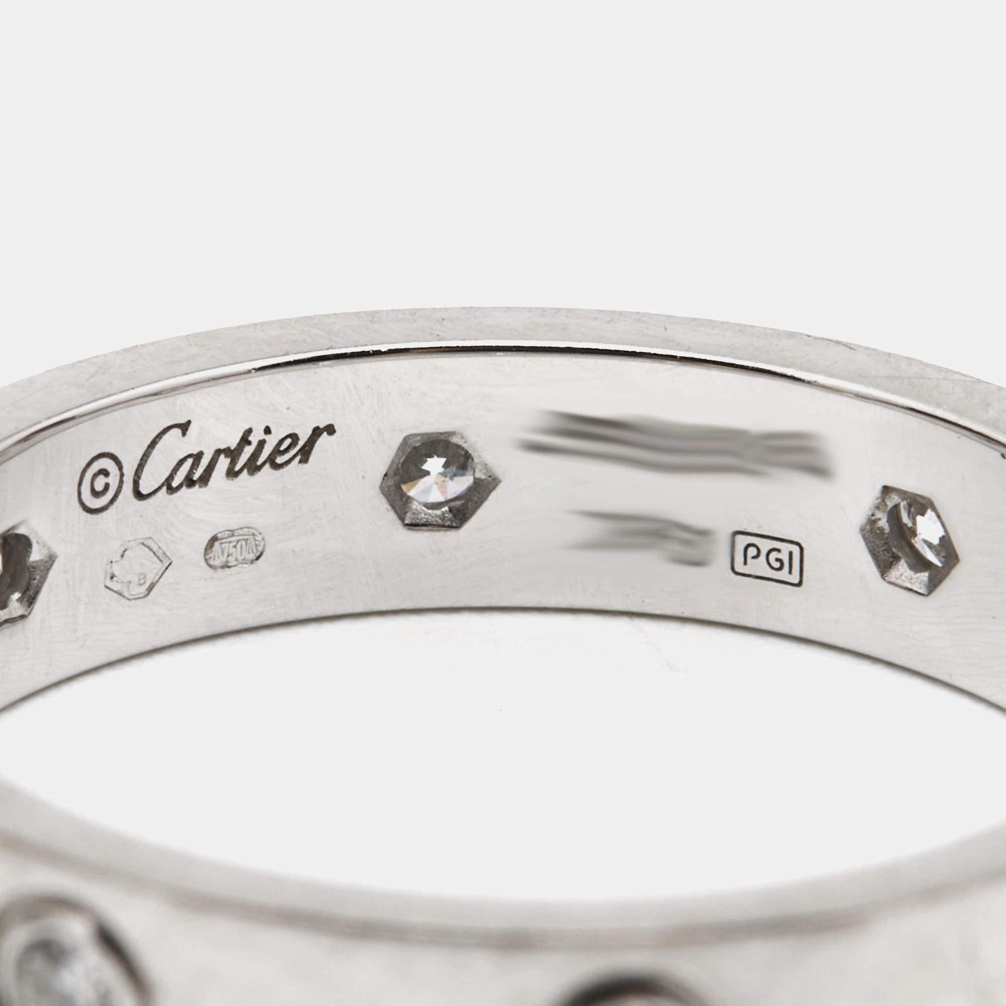 Cartier Love Diamond Paved 18k White Gold Band Ring Size 53 In Good Condition For Sale In Dubai, Al Qouz 2