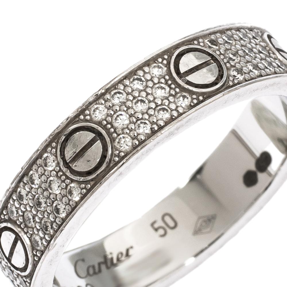Women's Cartier Love Diamond Paved 18k White Gold Wedding Band Ring Size 50
