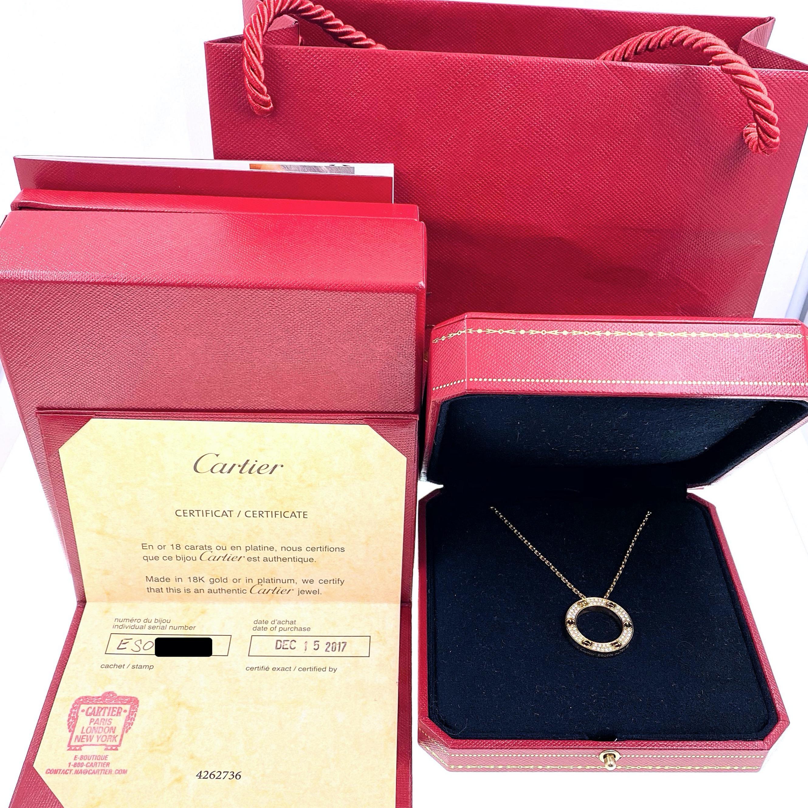 CARTIER

Style: Love Diamond Paved Necklace
Ref. number: B7058400
Metal: 18kt Yellow Gold
TCW: 0.34 tcw
Main Diamond: 54 Round Brilliant Cut Diamonds
Color & Clarity: F - VVS
Hallmark: LOVE (C)Cartier EOS***AU750 PGI
Includes: Cartier Box -