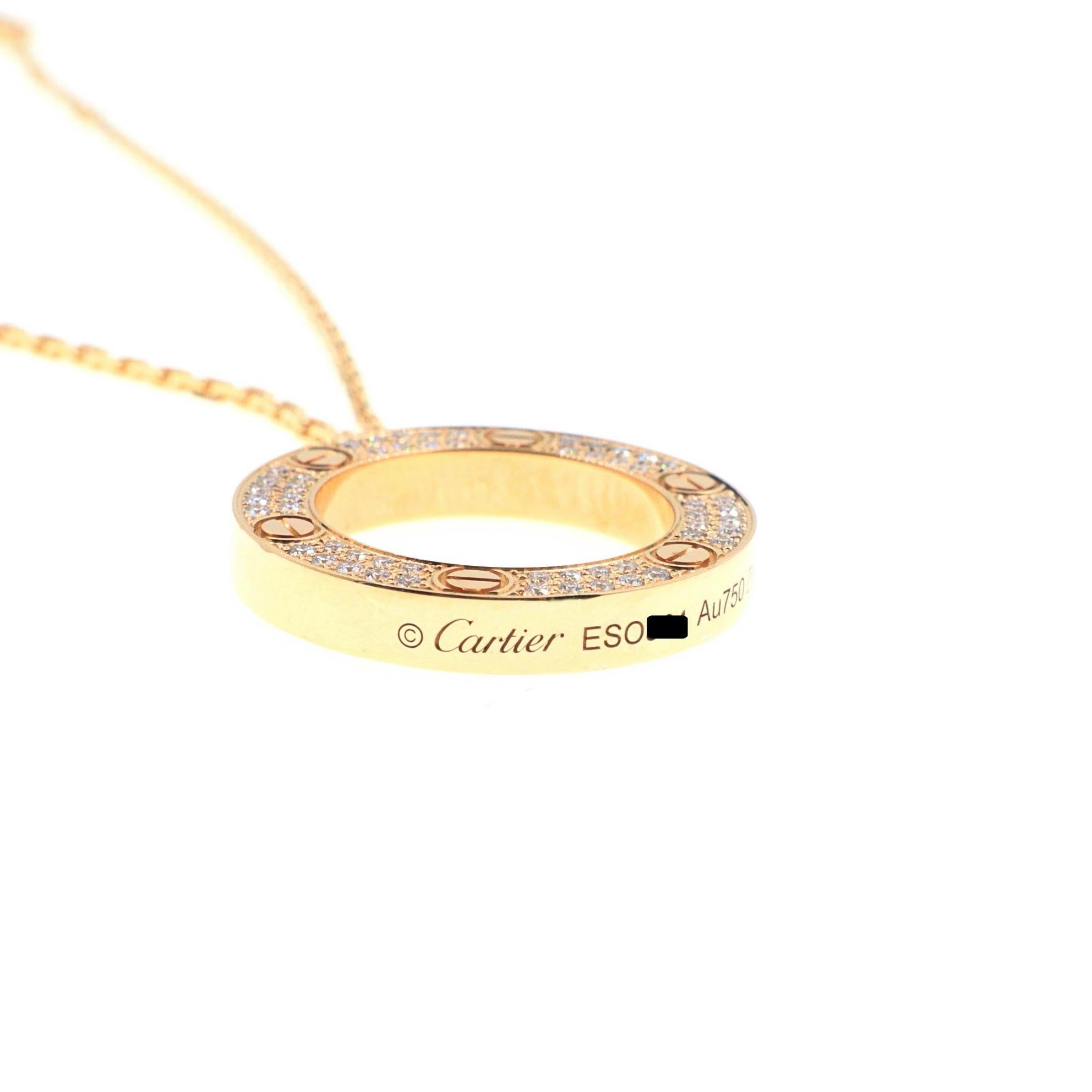 Cartier Love Diamond Paved Necklace 18 Karat Yellow Gold Coa and Boxes In Excellent Condition In San Diego, CA