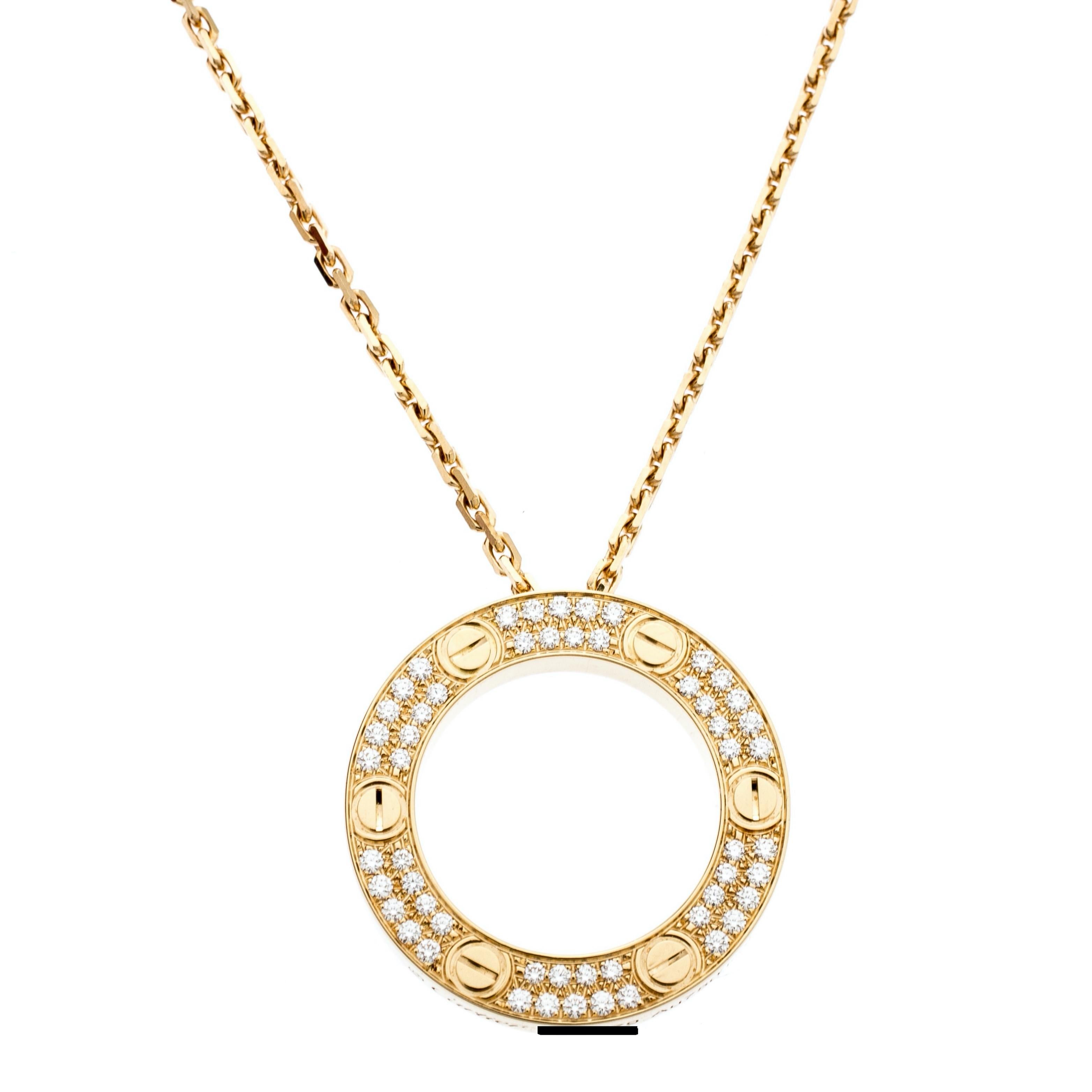 Women's or Men's Cartier Love Diamond Paved Necklace 18 Karat Yellow Gold Coa and Boxes