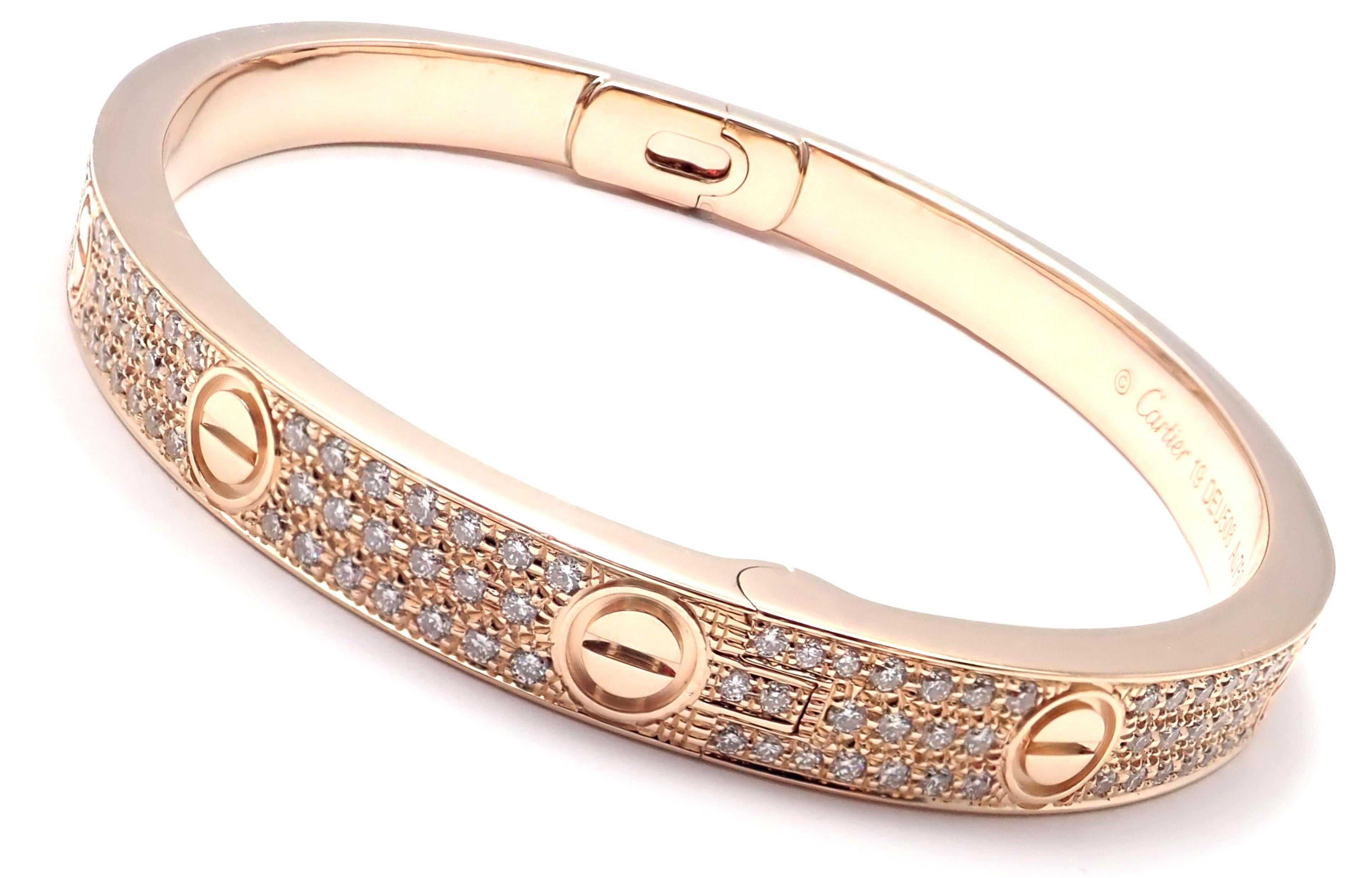 Cartier Love Diamond Paved Rose Gold Bangle Bracelet In Excellent Condition In Holland, PA