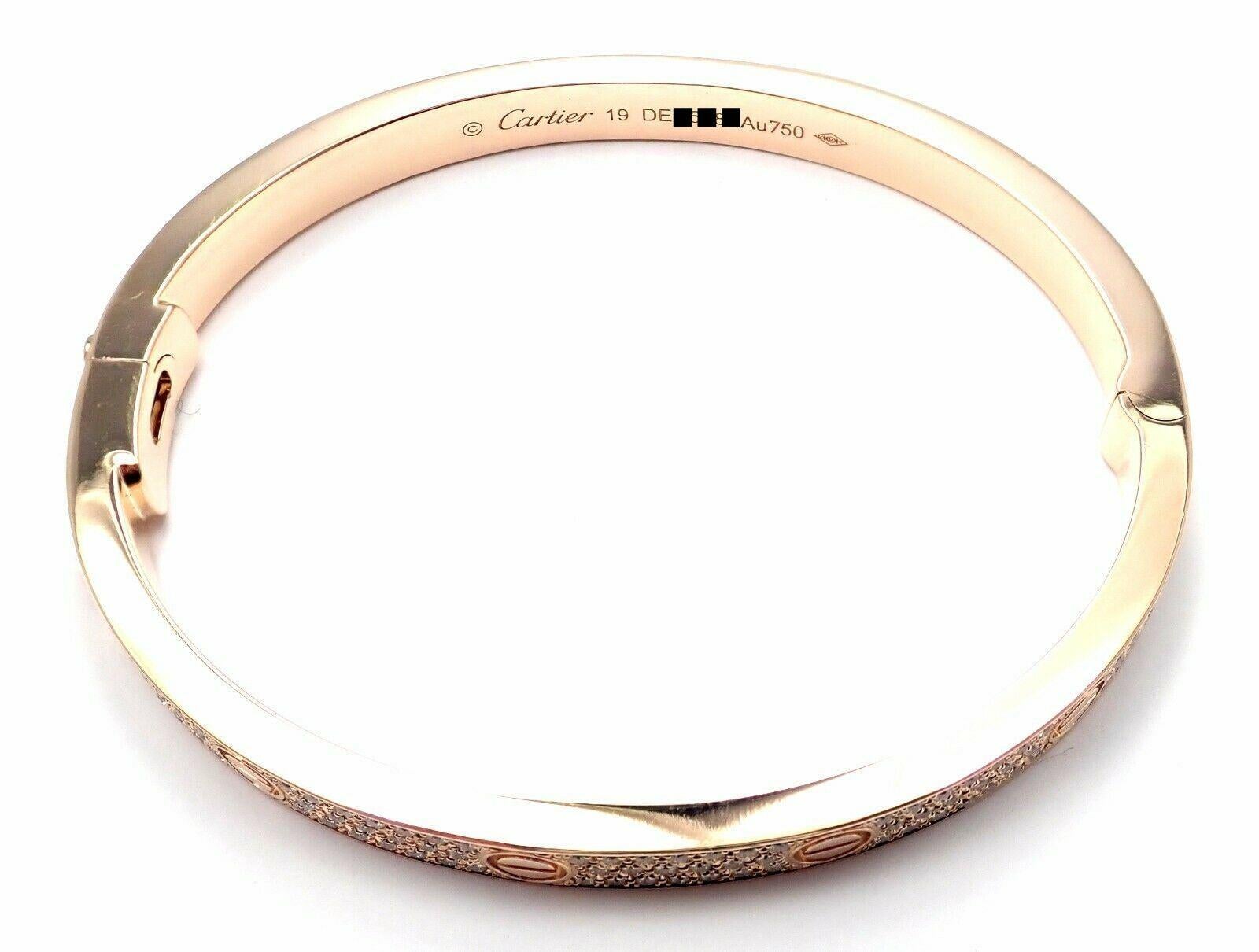 Women's or Men's Cartier Love Diamond Paved Rose Gold Bangle Bracelet