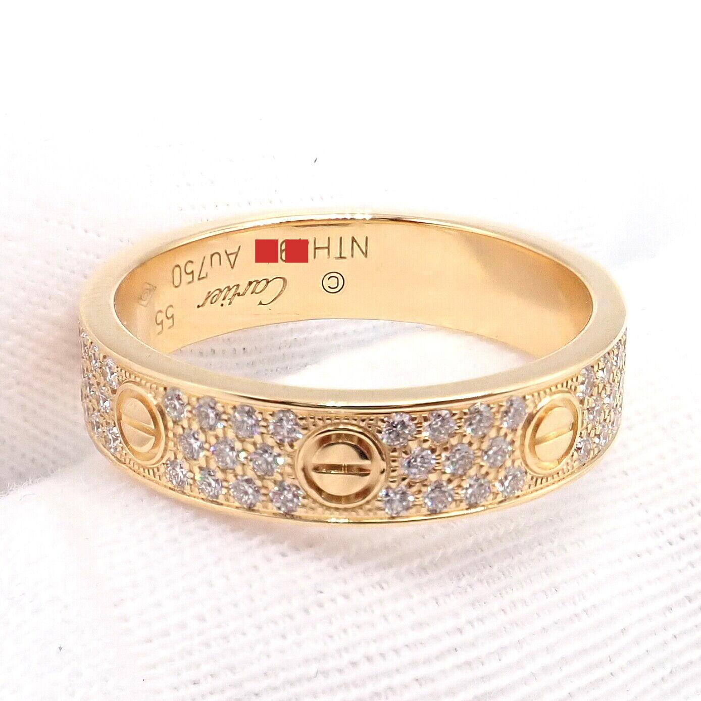 Women's or Men's Cartier Love Diamond Paved Yellow Gold Band Ring