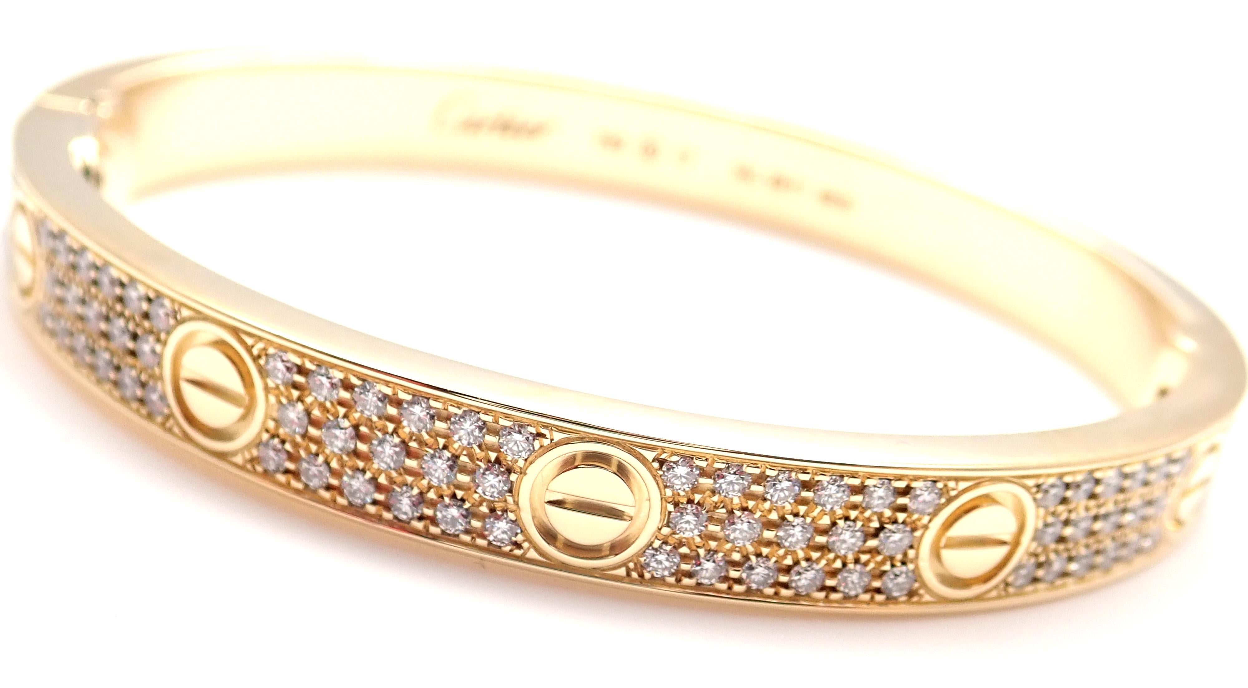 Cartier Love Diamond Paved Yellow Gold Bangle Bracelet In Excellent Condition In Holland, PA