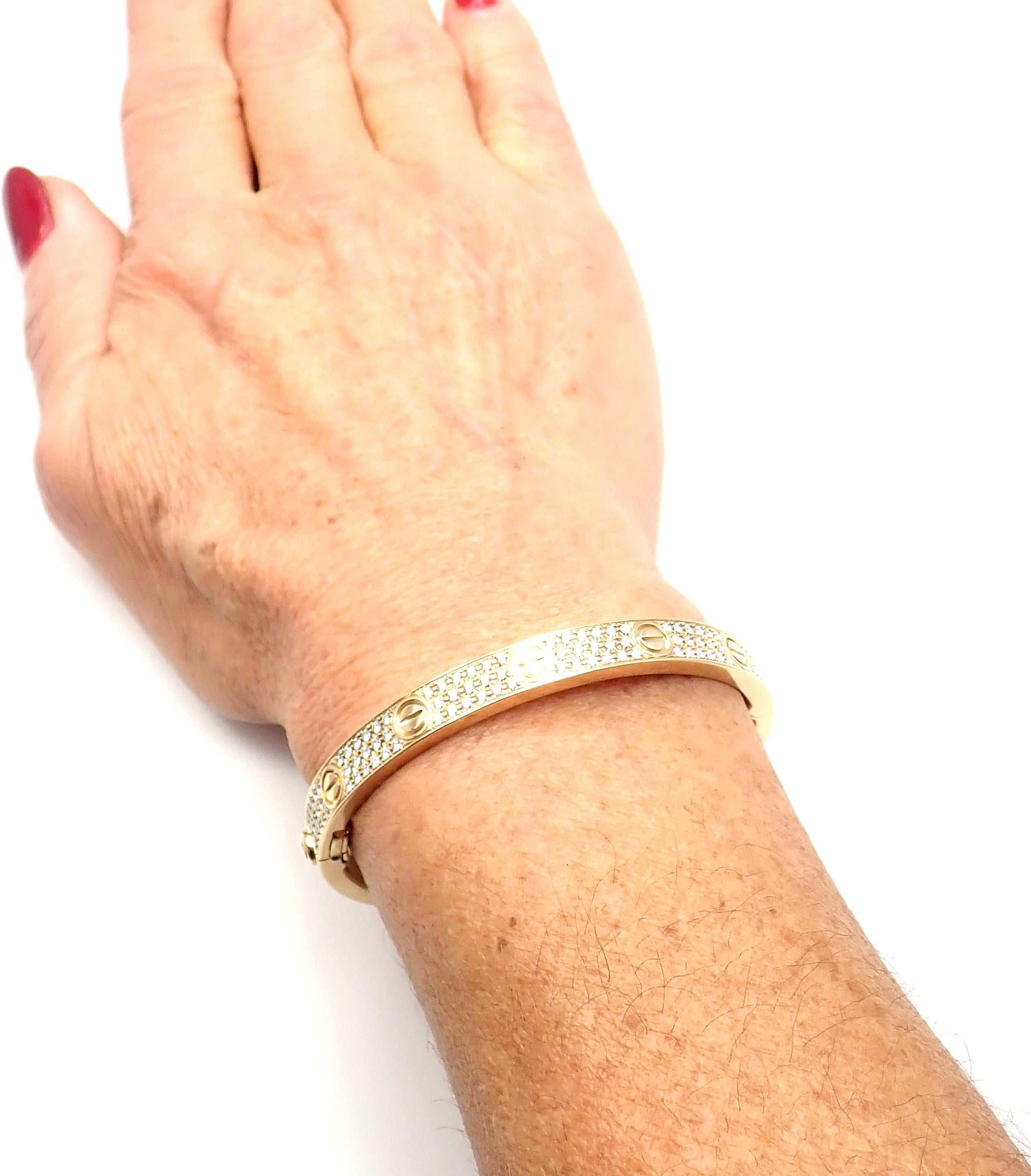 Women's or Men's Cartier Love Diamond Paved Yellow Gold Bangle Bracelet