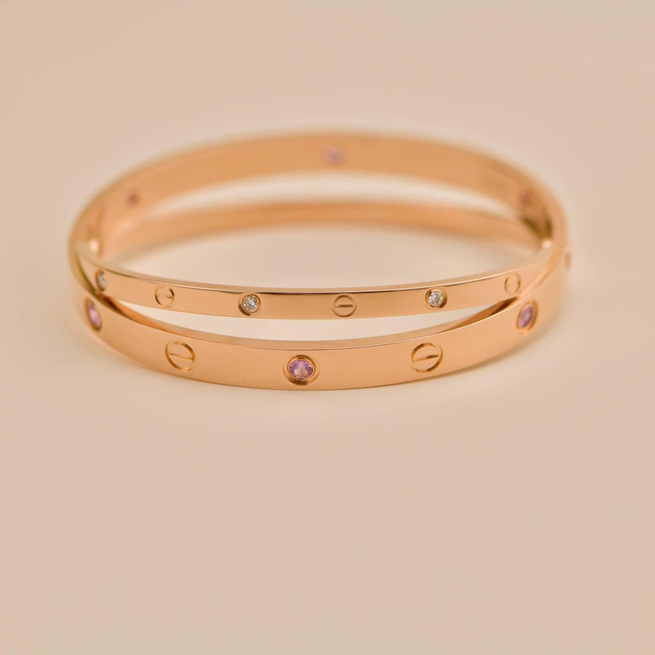 Femenino o masculino Cartier Love Diamante Zafiro Rosa Oro Rosa 18K Pulsera Doble Talla 17 en venta